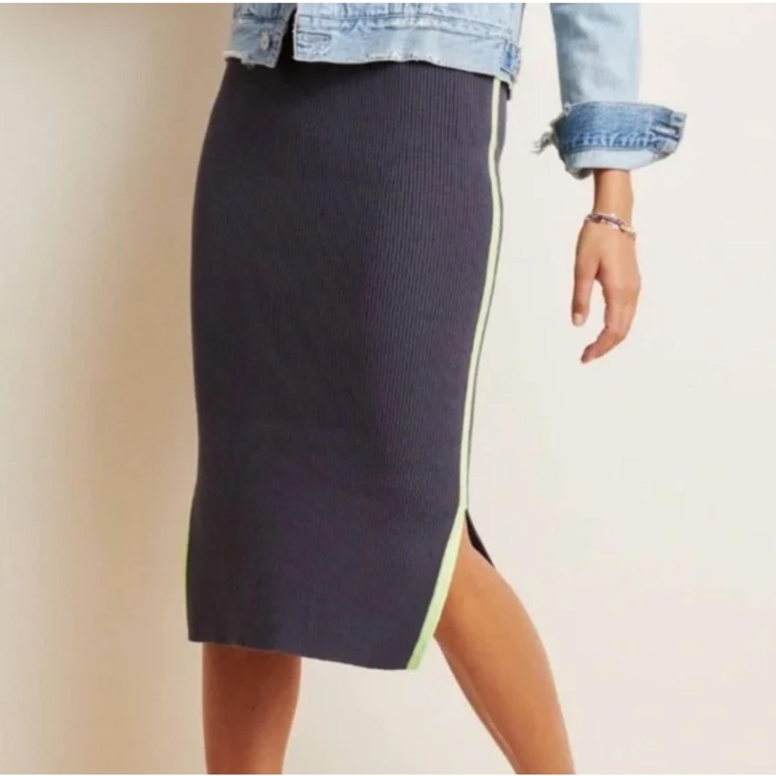 Anthropologie Dark Gray Fitted Ribbed Skirt with Neon Yellow Accent