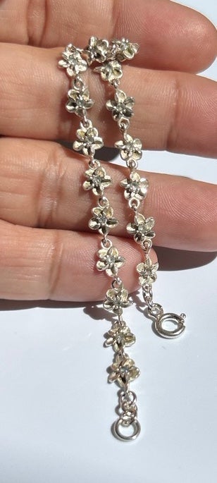 Vintage Sterling silver Hawaiian 18 plumeria flower lei cz link bracelet