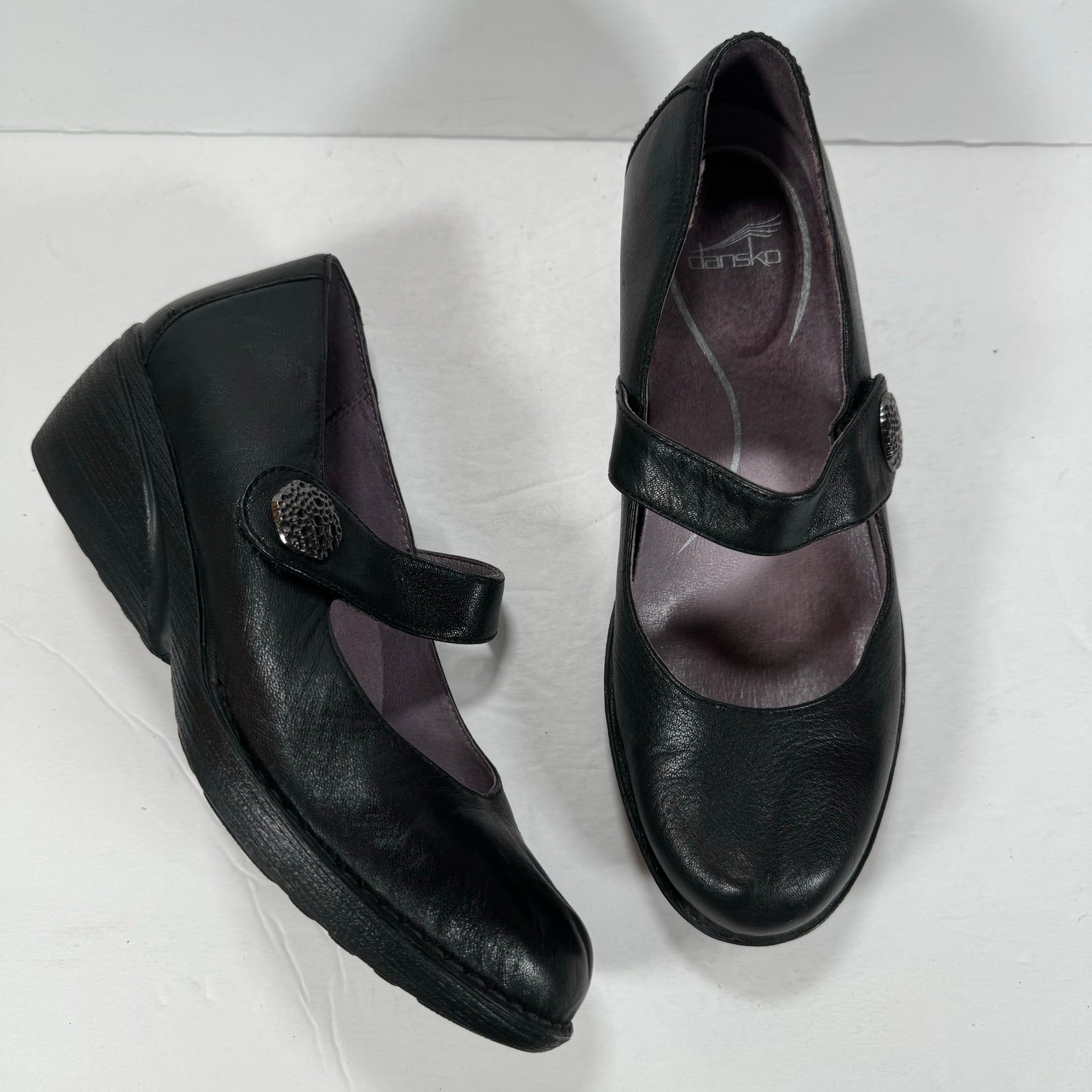 Dansko Adelle Mary Jane Black Leather Wedge Clogs Size 8