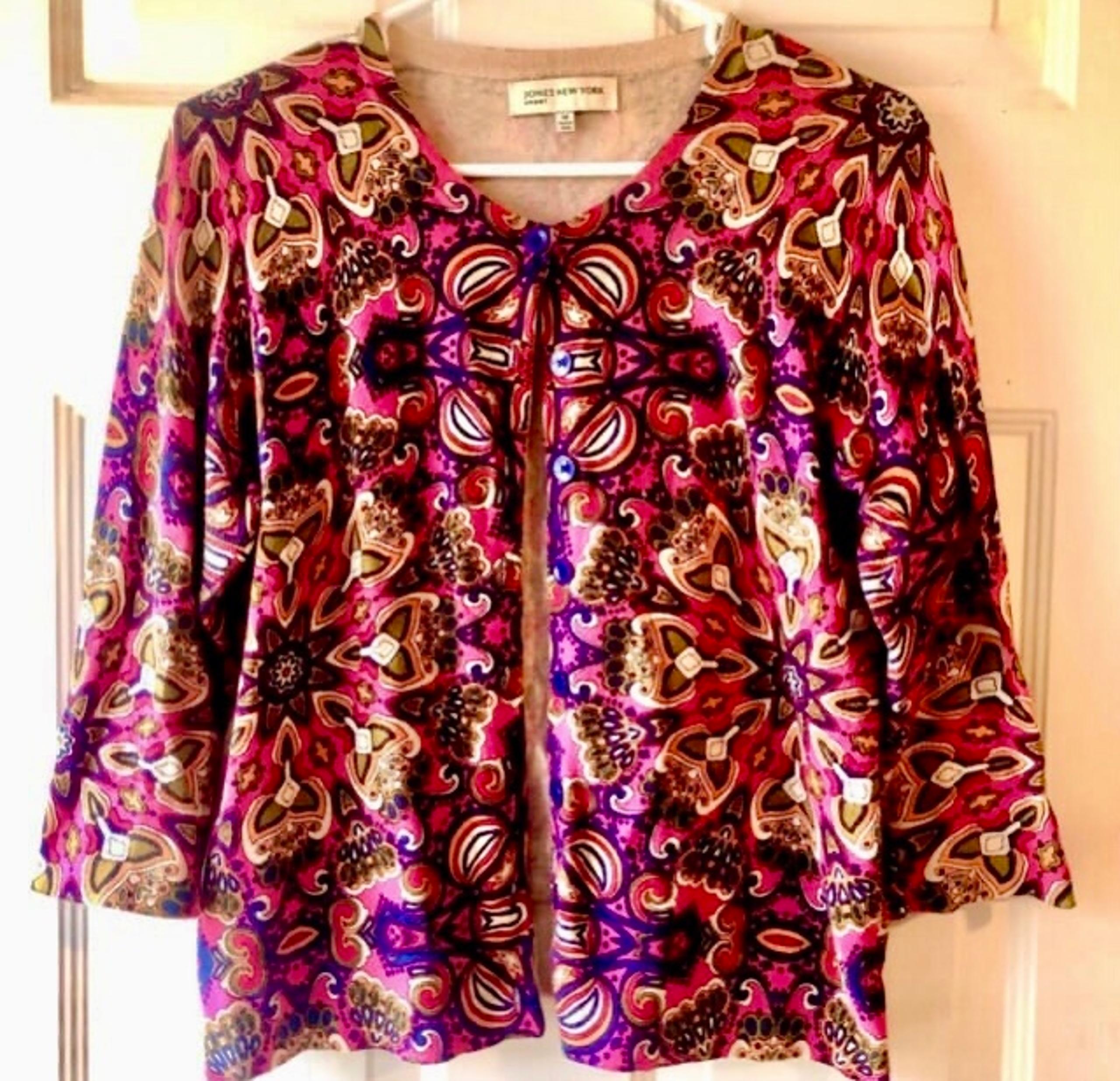 Jones New York Fuchsia Pink Royal Blue Olive Boho Floral Cardigan Sweater Medium
