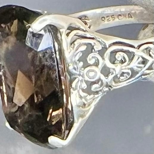 Vintage Sterling Silver CNA Signed Smokey Topaz Filigree Ring .925 Size 6