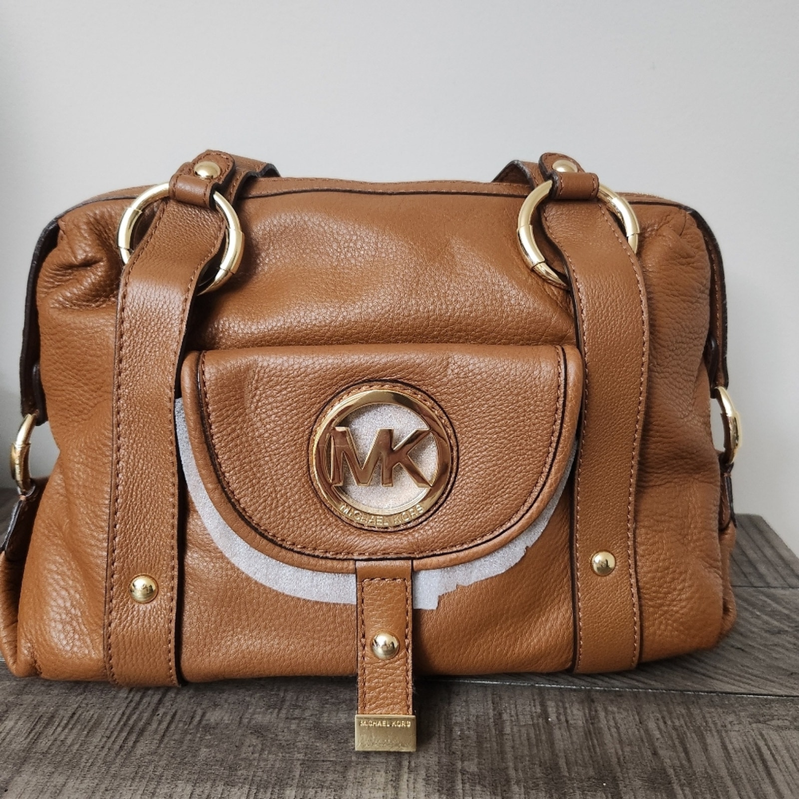 New Michael Kors Brown Gold Fulton Satchel Flat Top Handle Purse Bag