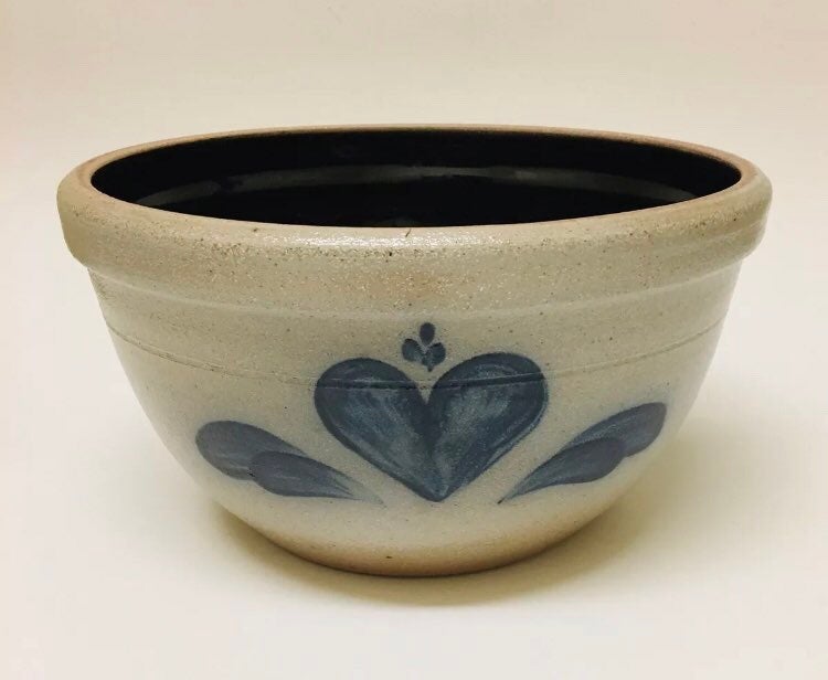Rowe Pottery Works Mixing Bowl Blue Heart Salt Glazed~8 1/2 