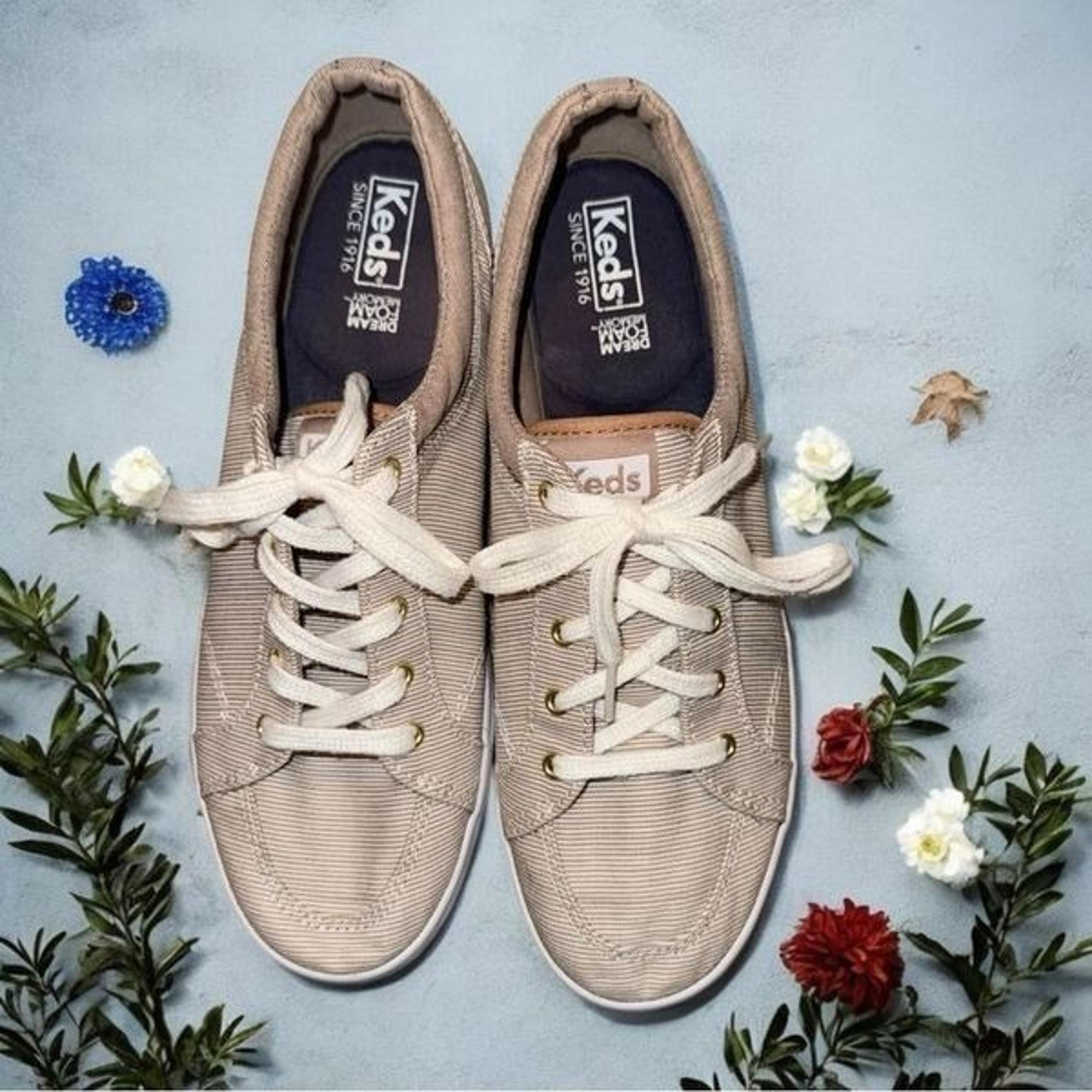 Keds Women's Dream Foam Memory Tan/White Stripes Canvas Sneakers Size 8.5