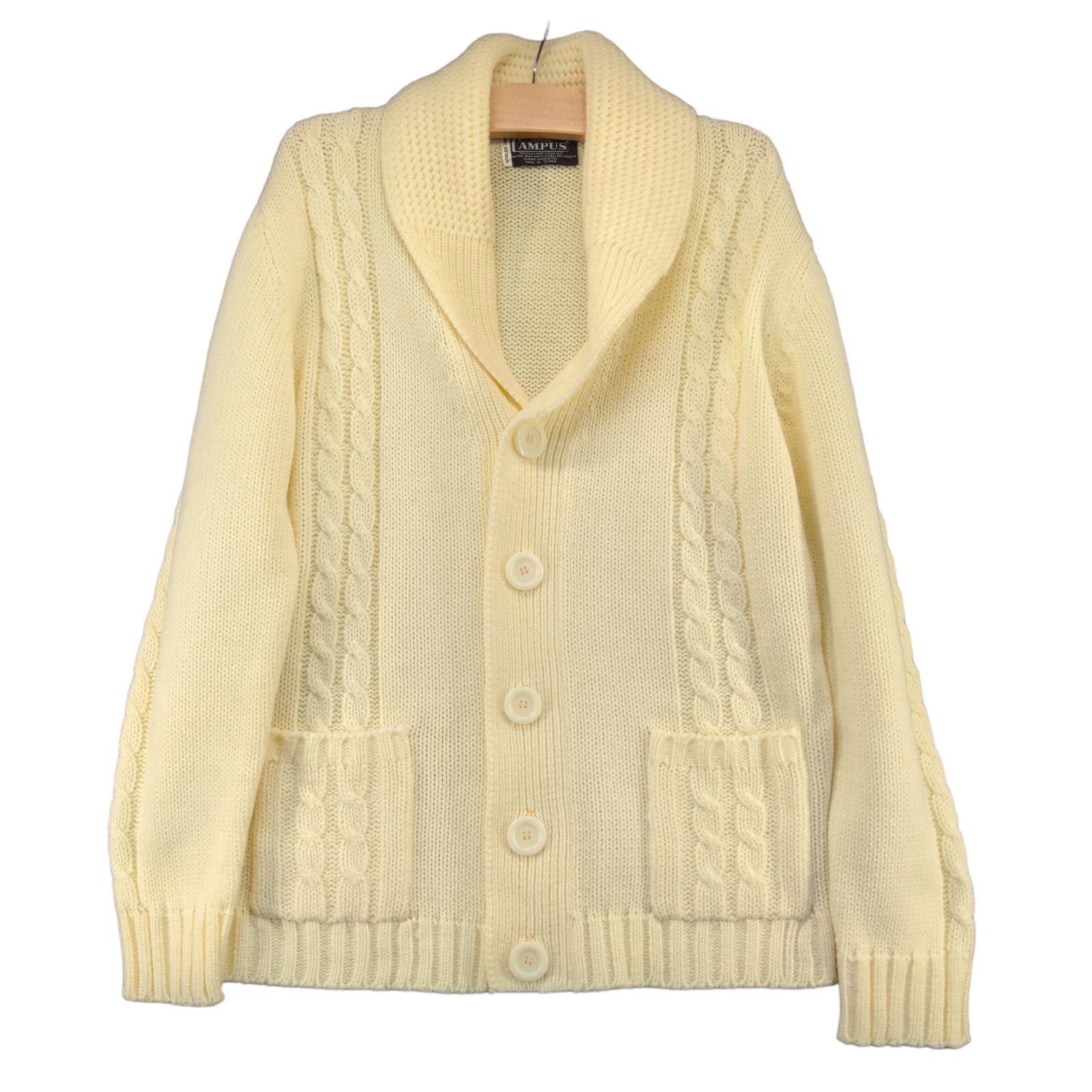 Campus Men's Button Front Cable Knit Cardigan Sweater Cream Medium Shawl Collar