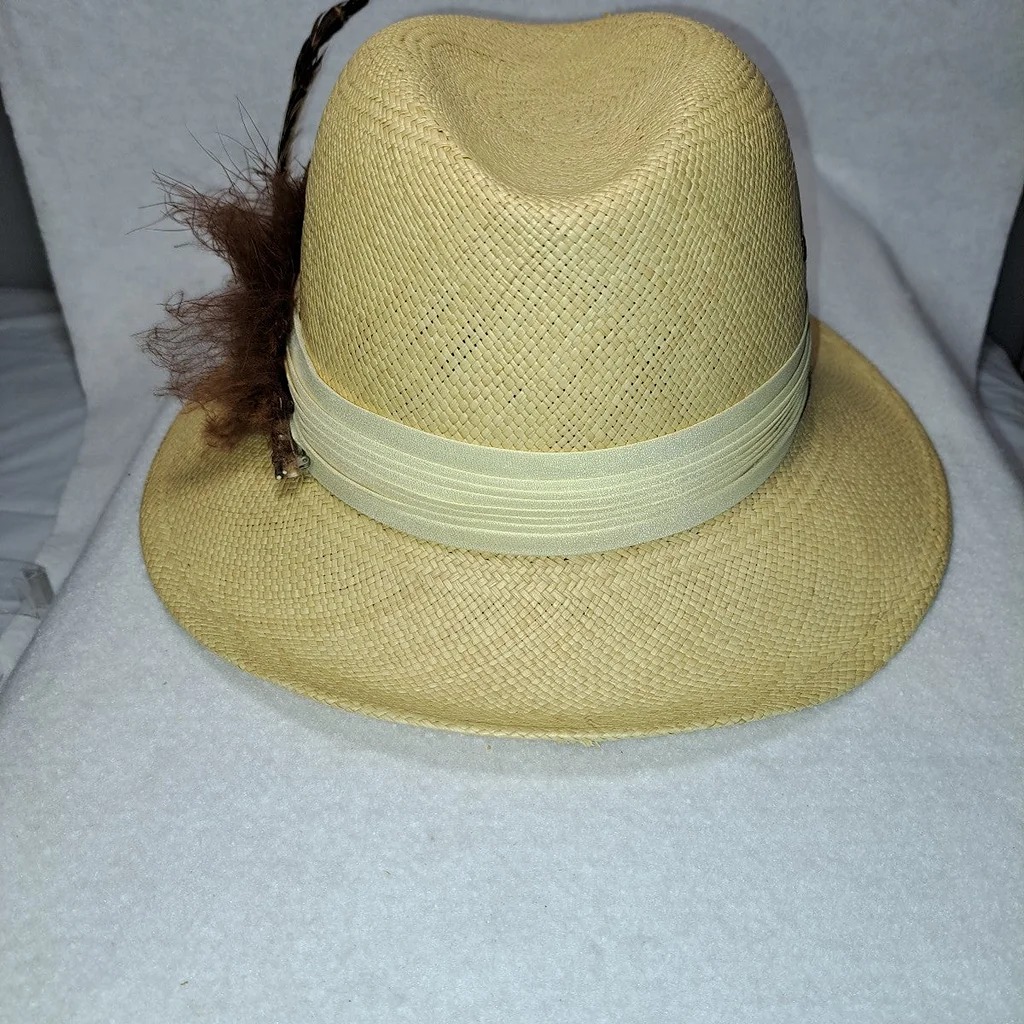 Vintage Ladies Straw Panama Hat Fedora with Pheasant Feathers + Vintage Hat Box