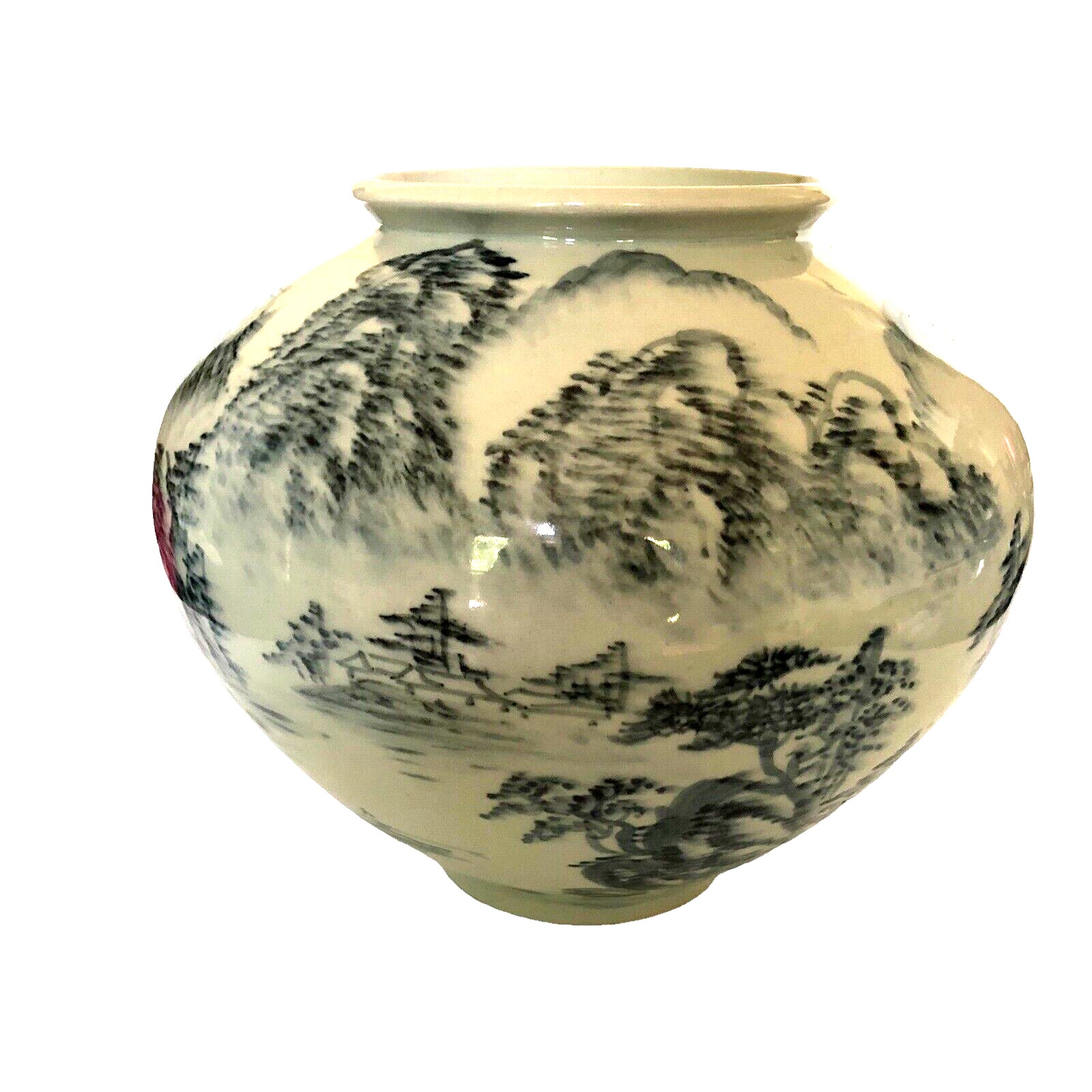 Japanese Landscape Porcelain Hand Thrown Vase Mountains Trees In Mist Grey Black
