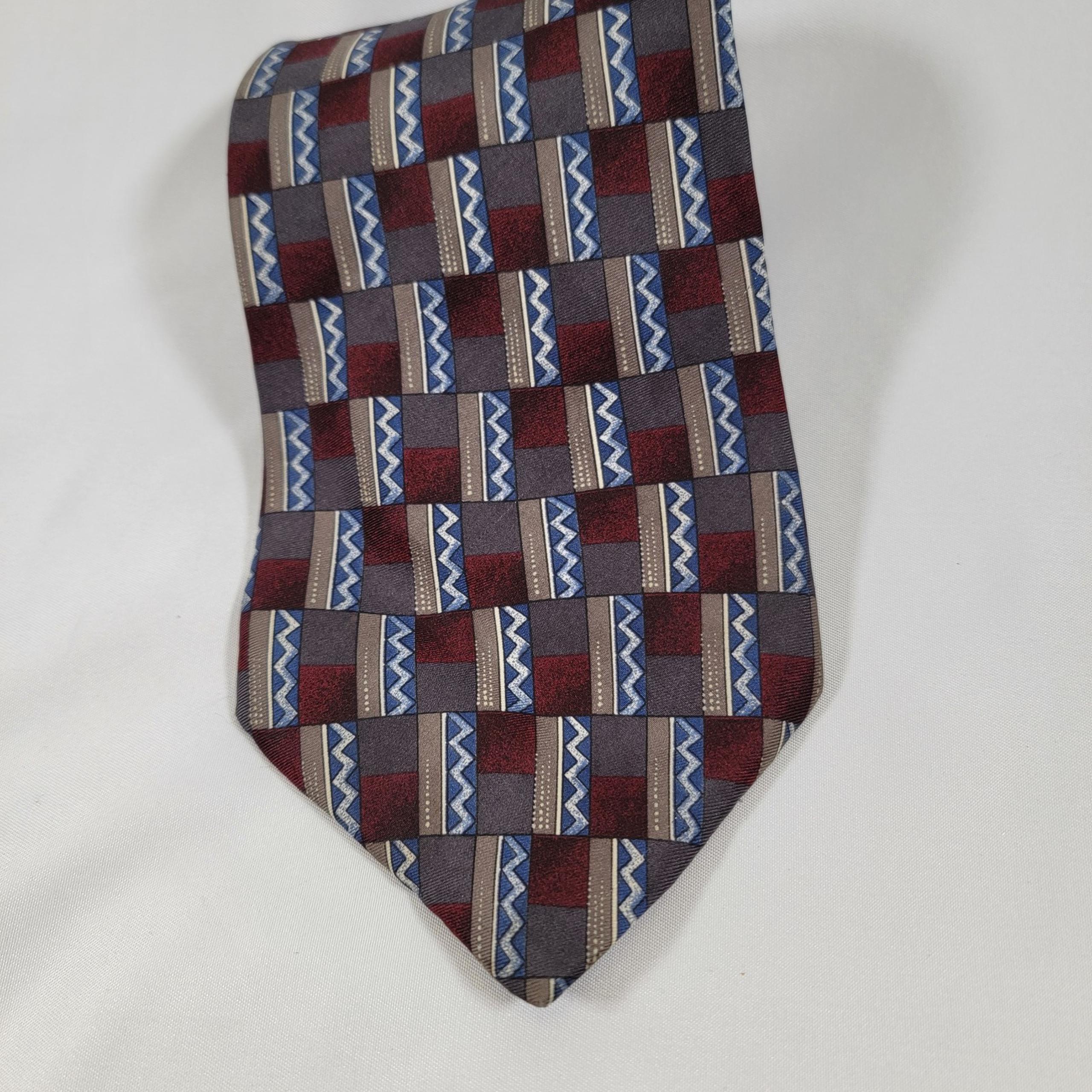 Barrington 100% Silk Necktie Gray Blue Red Square Geometric Print