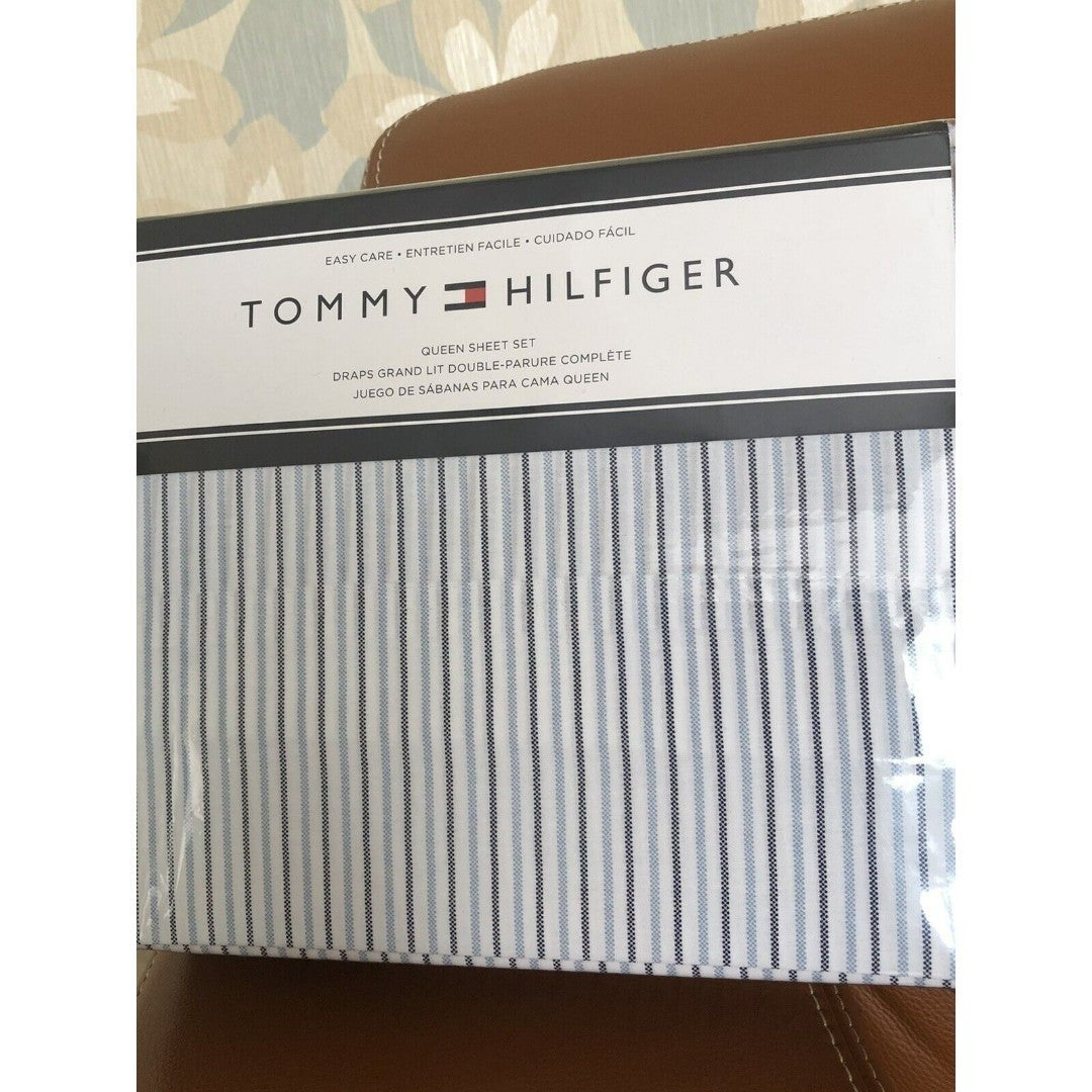 Tommy Hilfiger White Navy Blue White Stripe Queen Sheet Set 4pc New