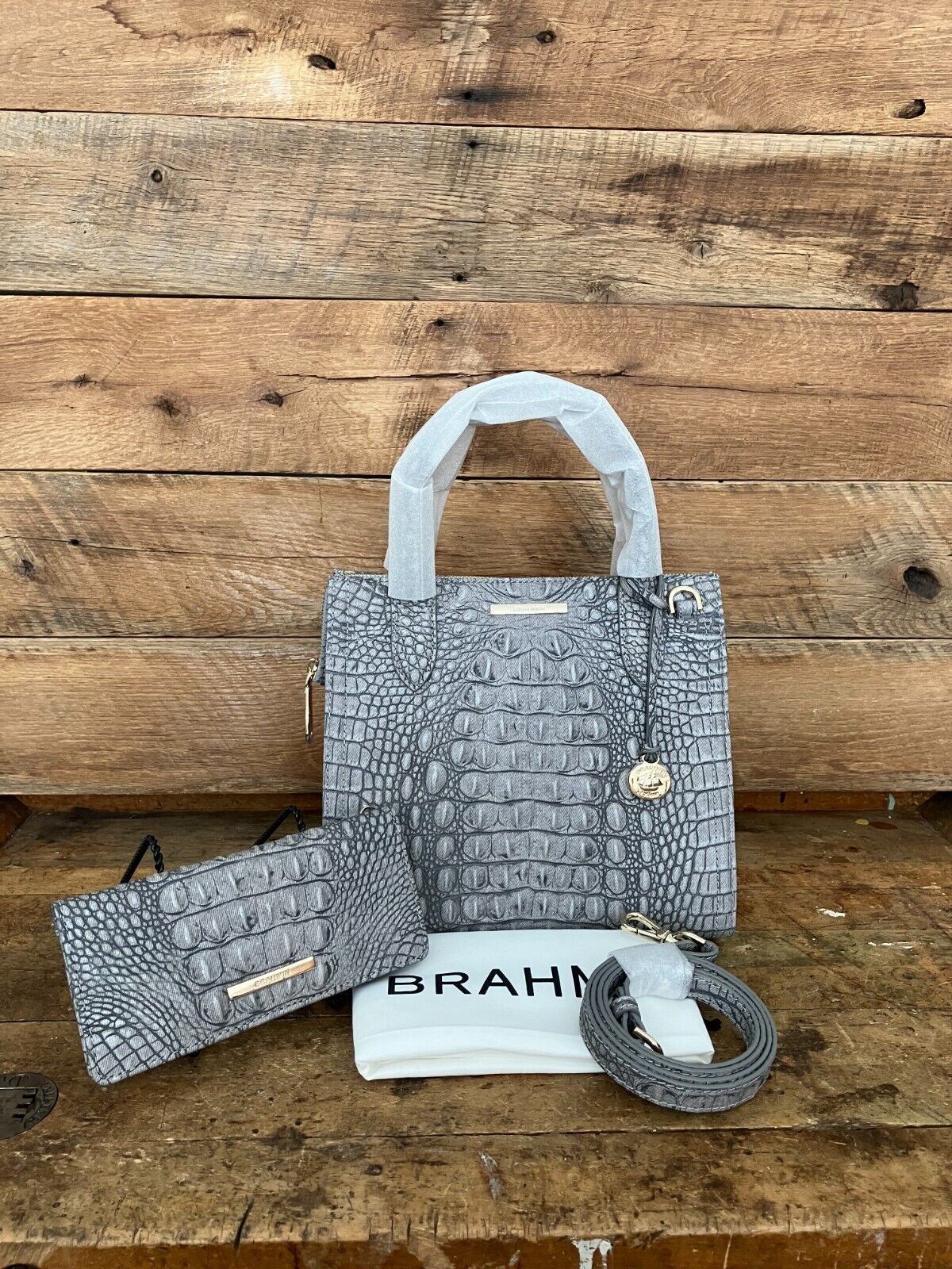 Brahmin Small Caroline Fairest Grey Tetra Leather Satchel & Ady Wallet ---NWT