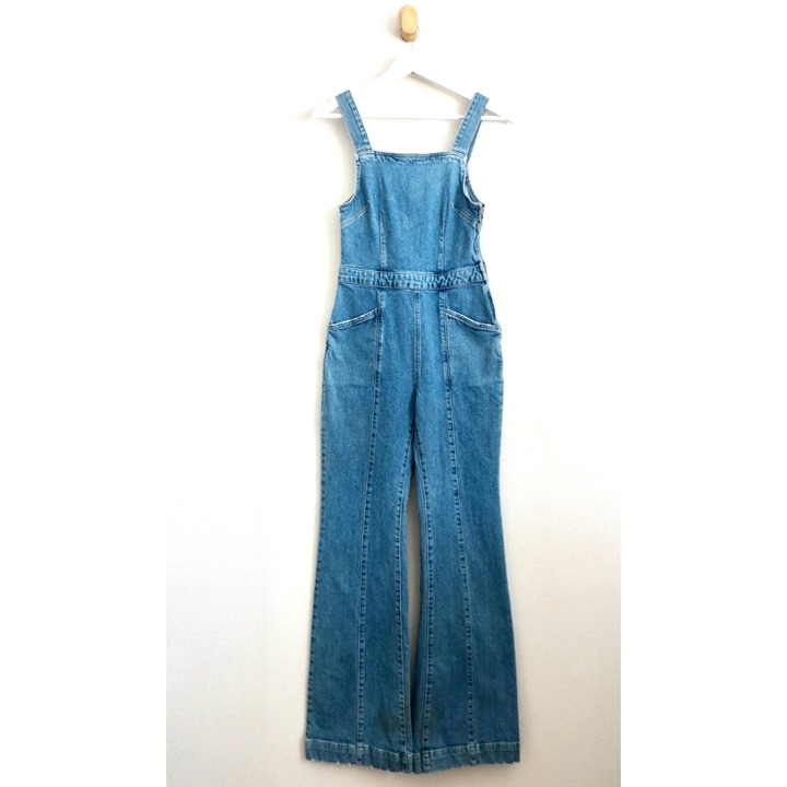 Free People We The Free Denim Jean Flare Leg Overalls Blue SZ 4