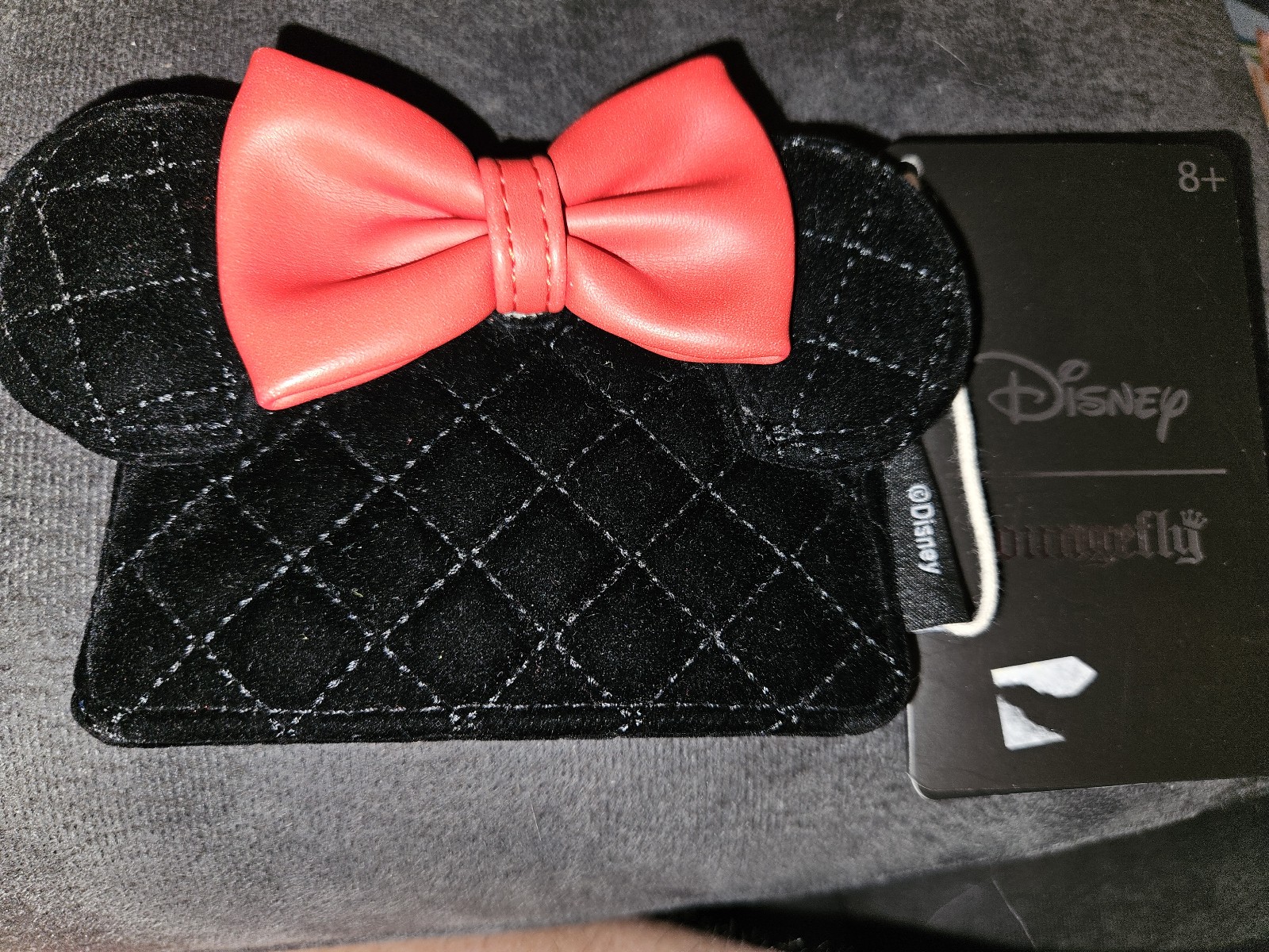 Disney Loungefly Minnie Mouse Black Velvet Quilted Card Holder/Wallet with Red B