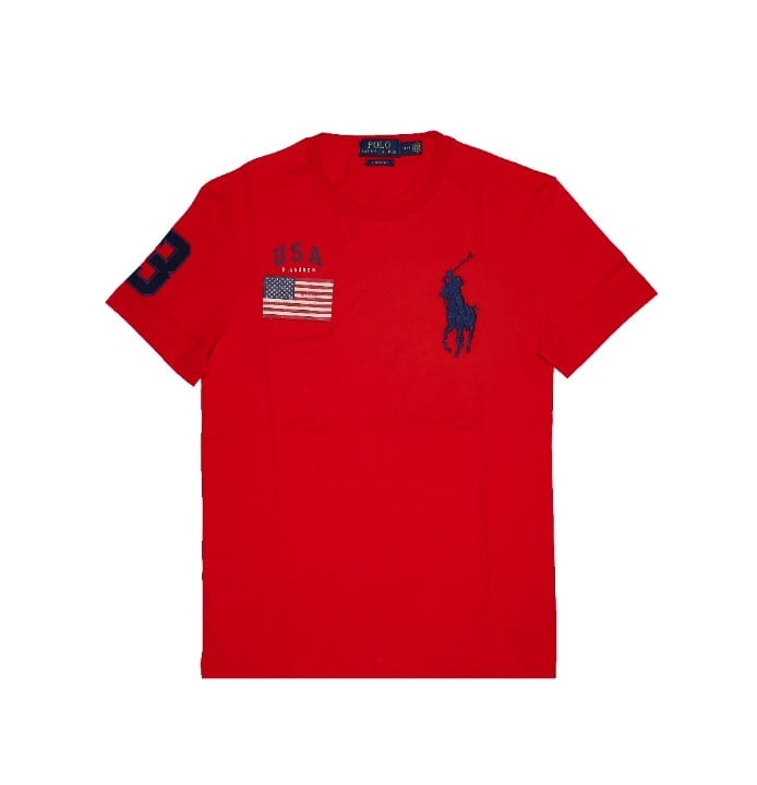 Polo Ralph Lauren Men's Big Pony & USA Flag Crew Neck T-Shirt Red Size Small