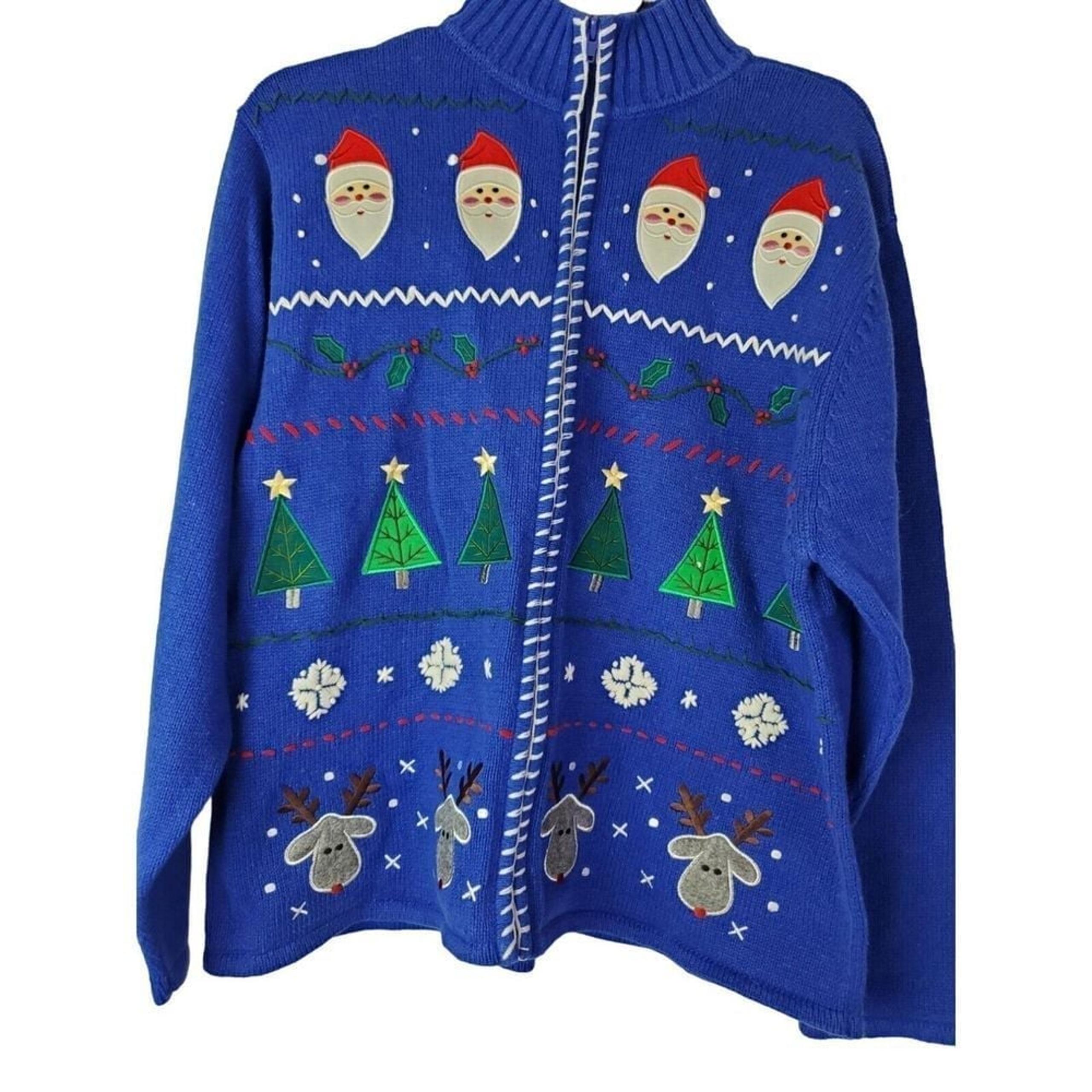 Crystal Kobe Women's Blue Vibrant Ugly Christmas Sweater Size L Cardigan Santa