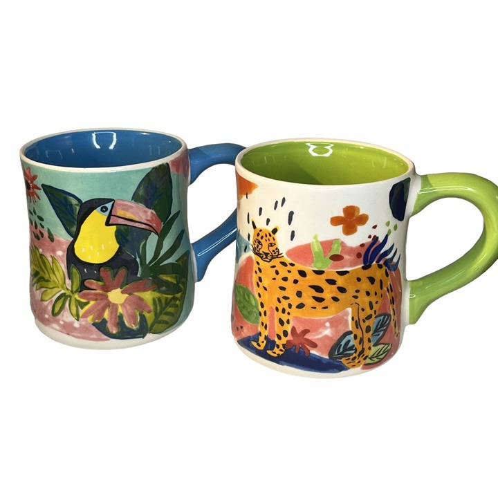 Jungle Bloom Toucan & Cheetah 16.5 oz Mugs EUC