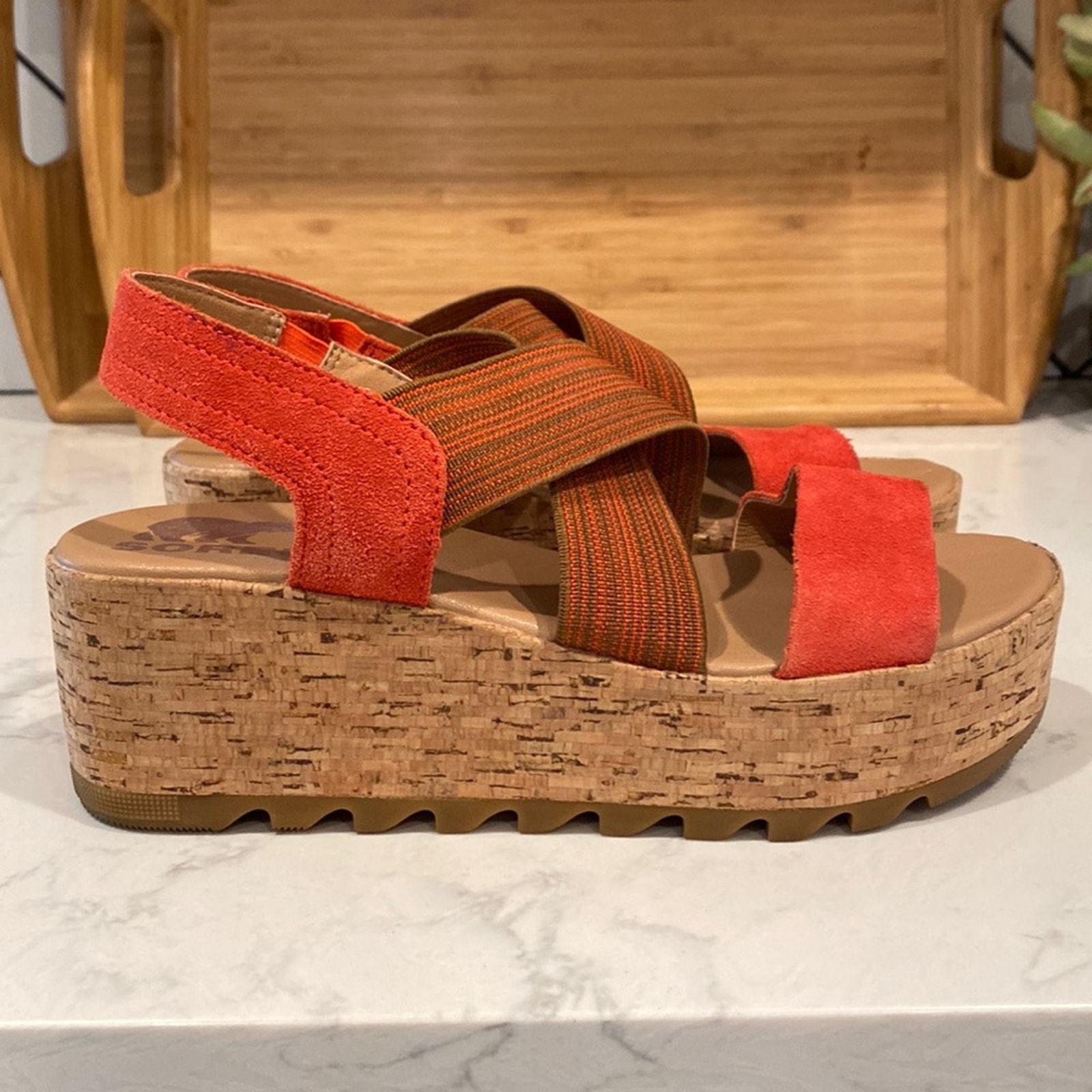 Sorel Cork Wedge Slingback Platform Sandals Cameron Flatform Leather signal red