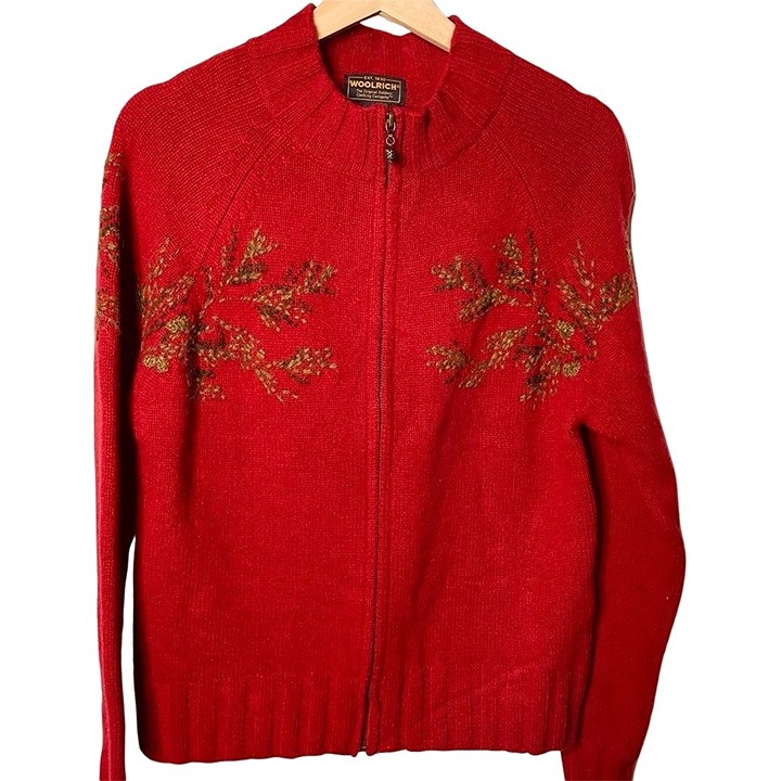 Womens Vintage Sweater Woolrich Medium Red Lambs Wool u Zip Cardigan Embroidered