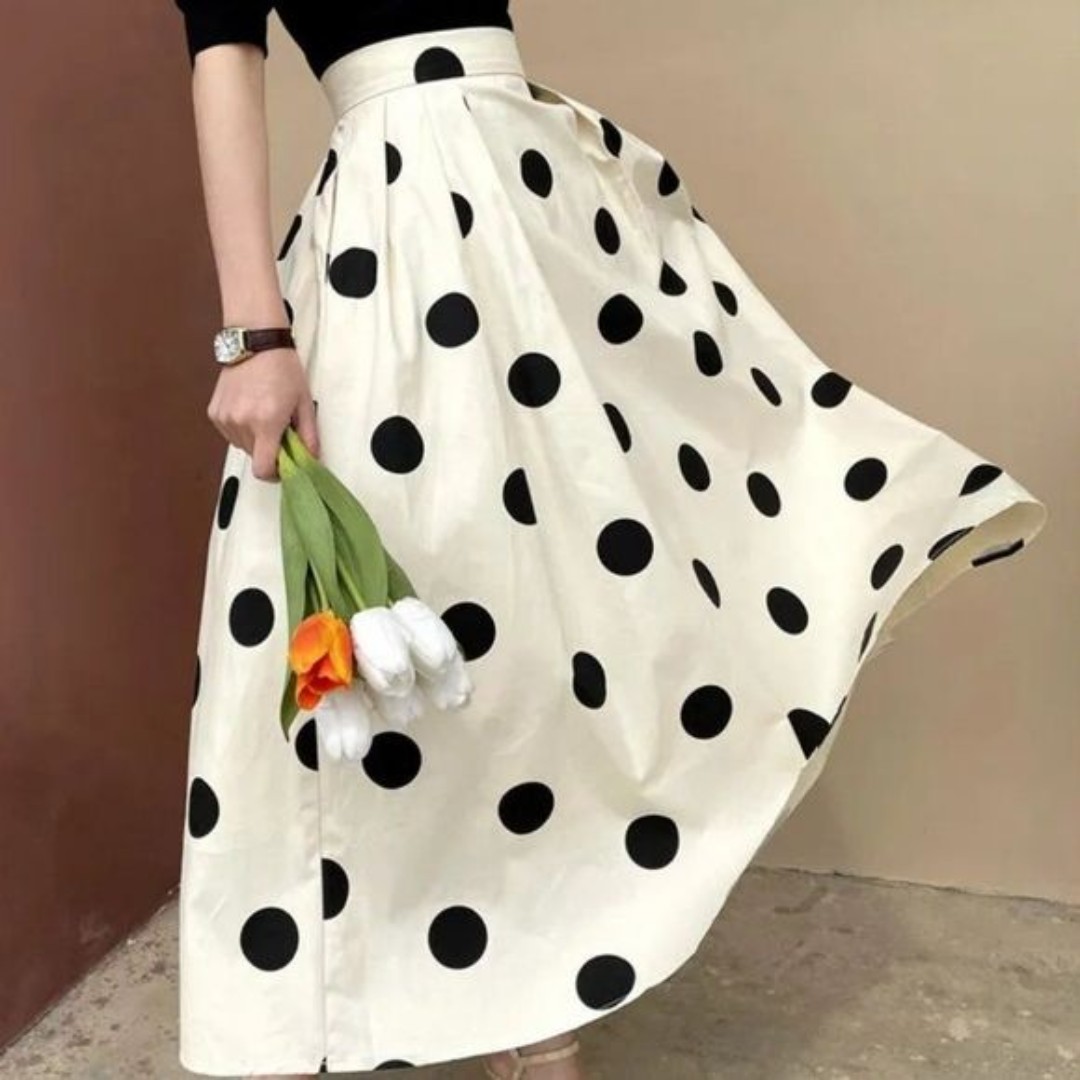 Polka Dot Flare Pleated Ruffle Midi Skirt | Women Office School Retro Skirt