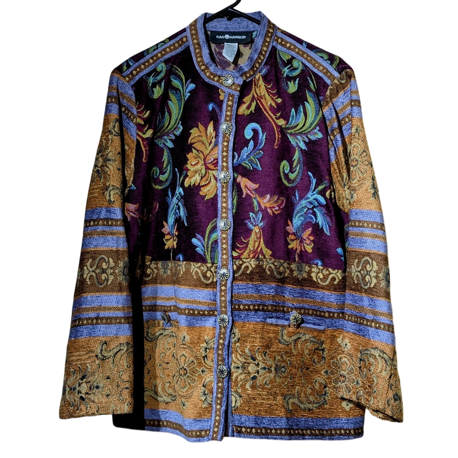 VTG Sag Harbor Purples Gold Floral Tapestry Button Front Unlined Jacket Sz 12