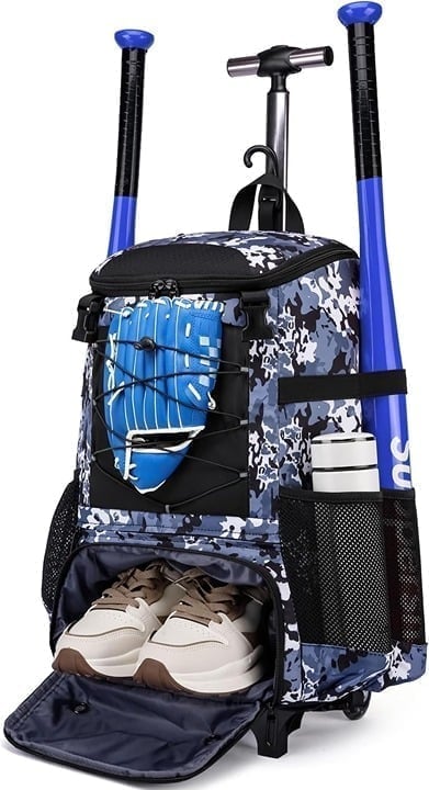 Rolling Baseball Bag Wheeled Softball bag for Adult,Baseball bag w/ Fence Hook