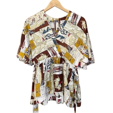 RARE VINTAGE 1970s Japanese Ukiyo Patchwork Graphic Surplice Flutter Sleeve Top