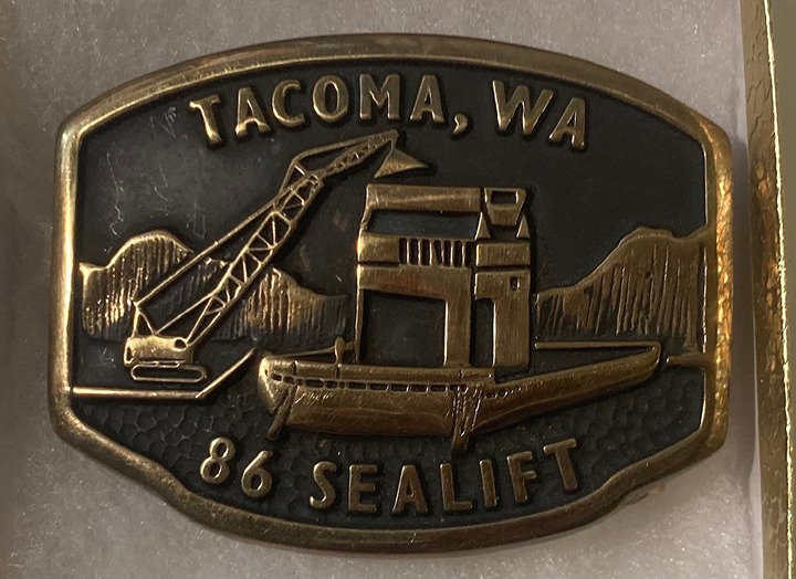 Vintage 1986 Metal Belt Buckle, Brass, 86 Sealift, Tacoma, Washington, ARCO