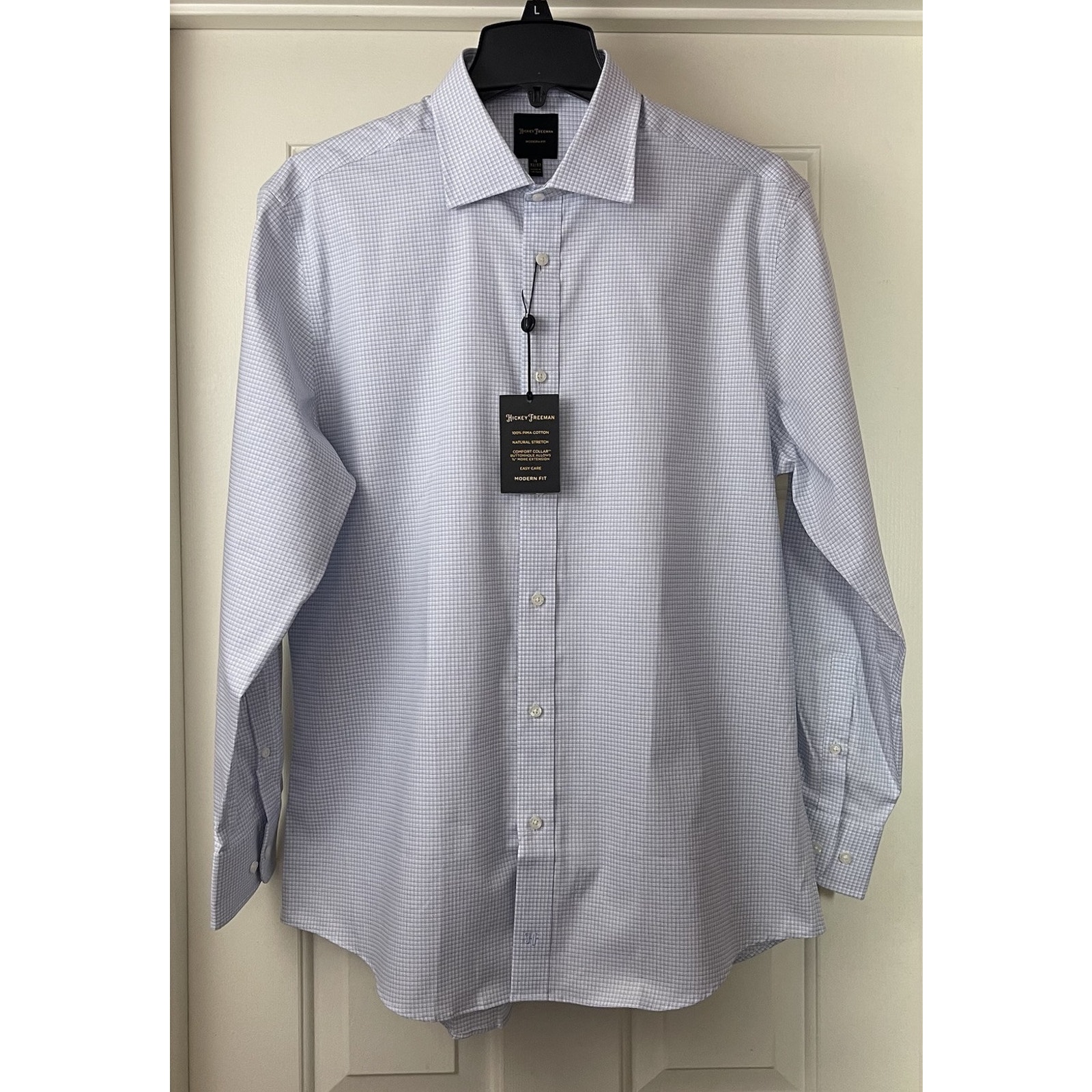 Hickey Freeman Mens Dress Shirt 16 34/35 Blue Check Modern Fit Stretch Pima NEW