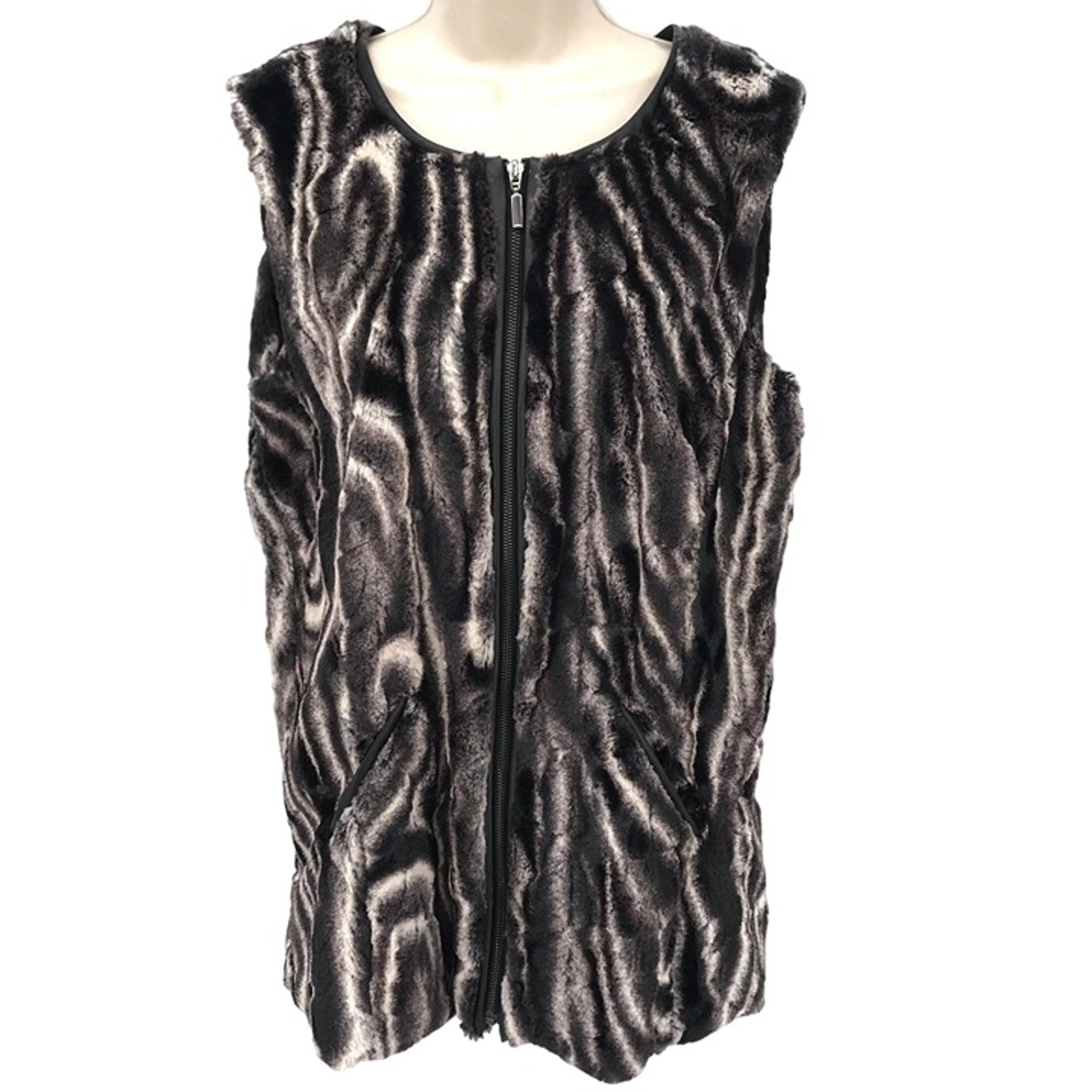 Style & Co Womens Black White Animal Print Faux Fur Front Zip Vest Size L