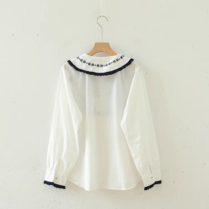 SweaterAutumn art fresh navy blue flower embroidered lapel long sleeve shirt