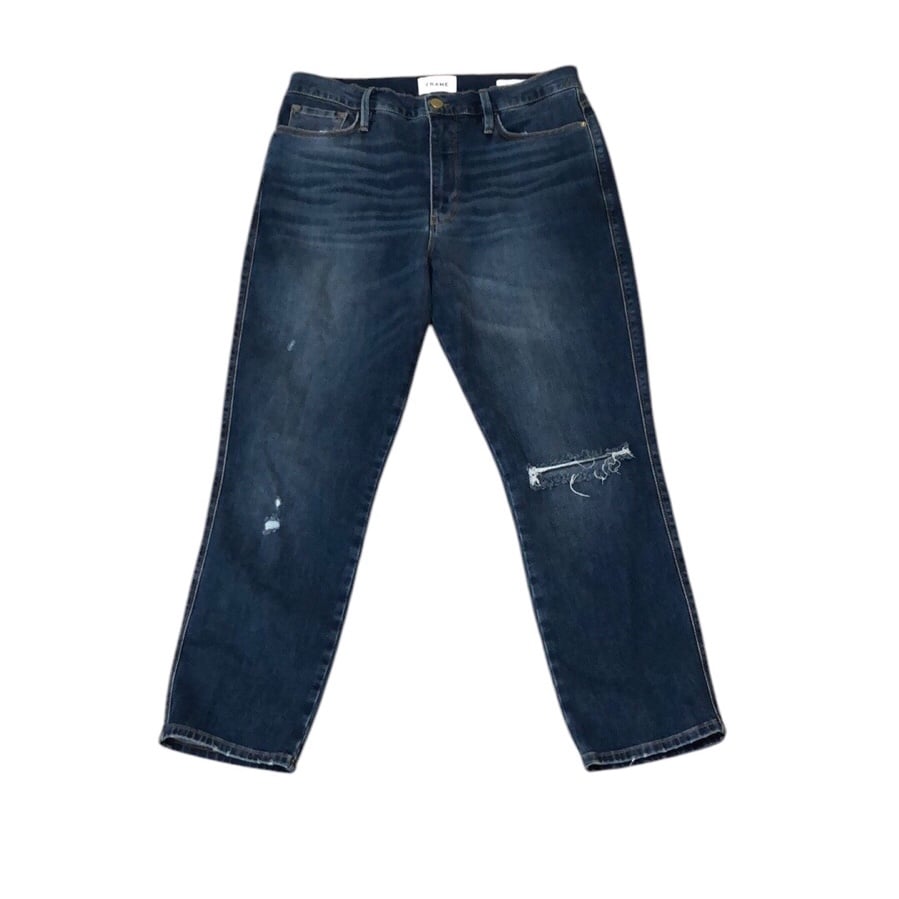 Frame Le Sylvie Crop Jeans Size 30 Blue Distressed Denim 11” High Waist