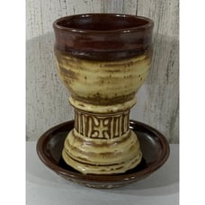 Studio Pottery Art Handmade 2 pc Candle Holder Tray Brown Signed Tom Hughes