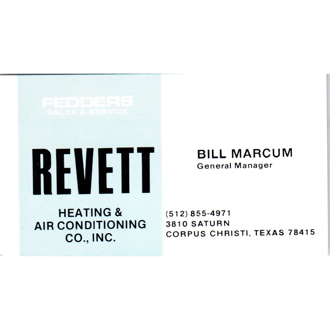 Fedders Revett HVAC Bill Marcum Corpus Christi TX Vintage Business Card SD4-B1