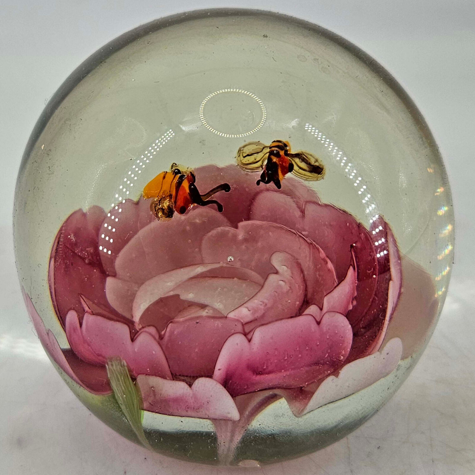 Studio Art Glass pink flower w bees hand blown lampwork paperweight