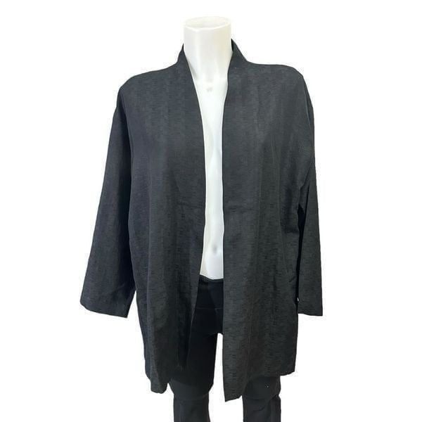 Eileen Fisher Black Open Front Textured Cardigan-Silk Linen Blend sz M Lightwt