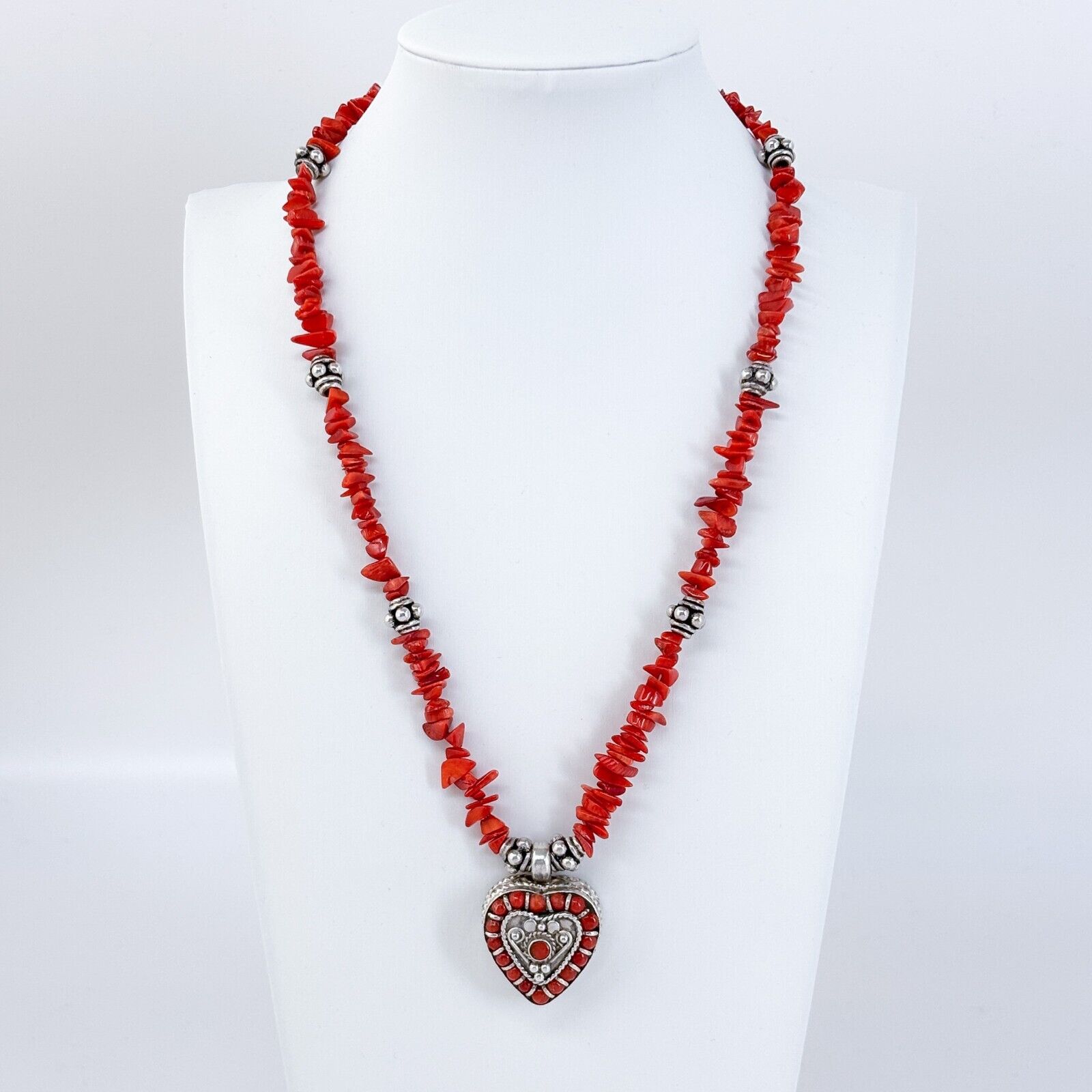 Vintage Sterling Silver 925 Coral Heart Pendant Necklace 18.5