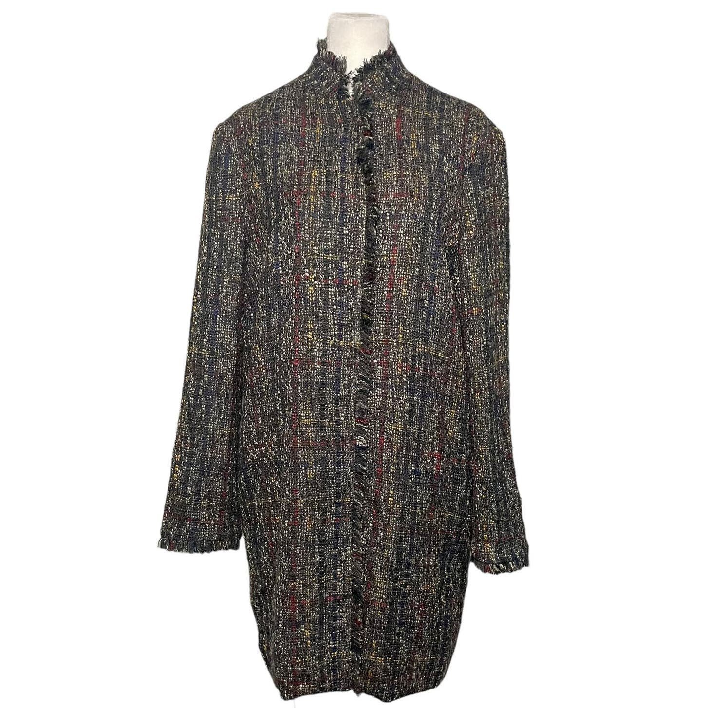 J McLaughlin Tweed Midi Blazer Coat Multicolor Lined Fringe Womens Large Elegant