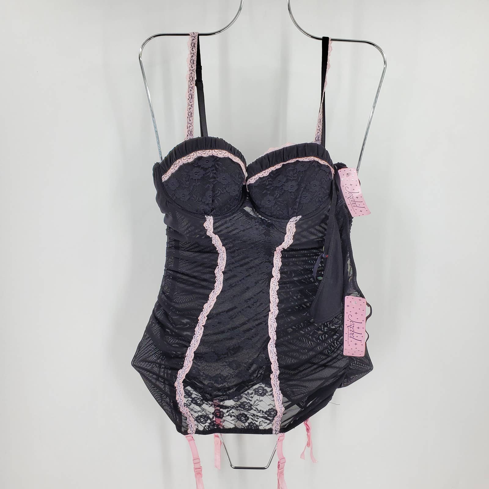 JEZEBEL womens M NWT black & pink lace garter style lingerie 2 piece set