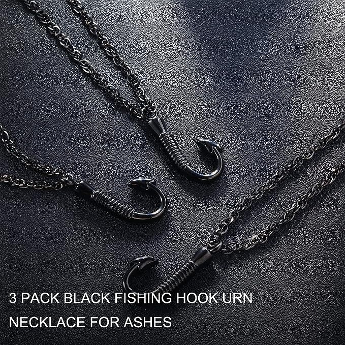 3 Fishing Hook Urn Necklace for Ashes Black Stainless Steel