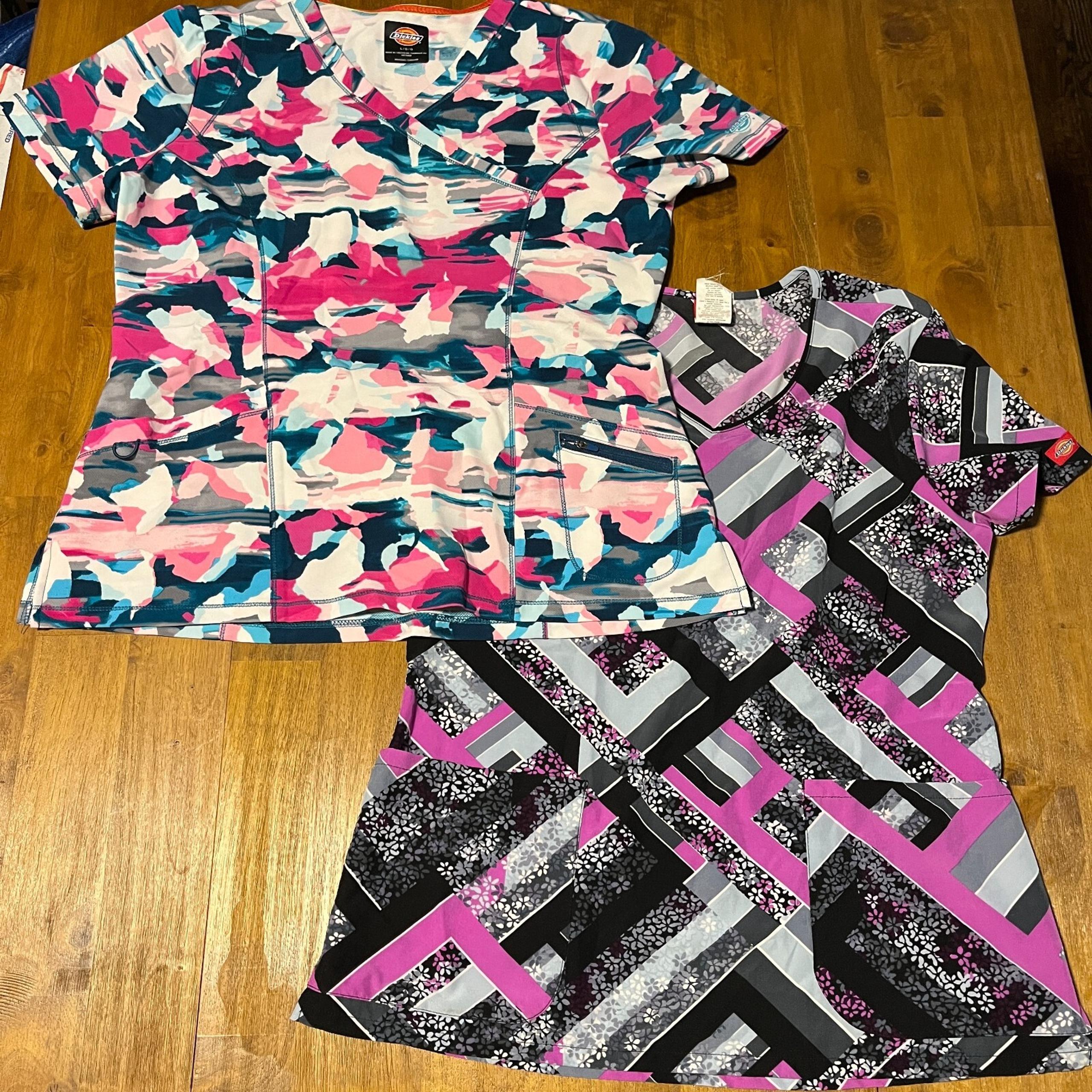 Set of 2 Dickies women's art deco design scrub tops size large DK701 and DK608