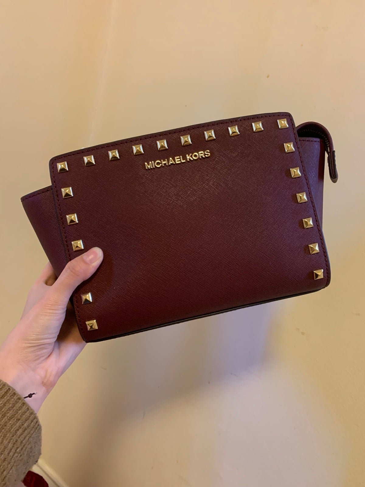 Michael Kors Selma Burgundy Leather Gold Studded Medium Messenger