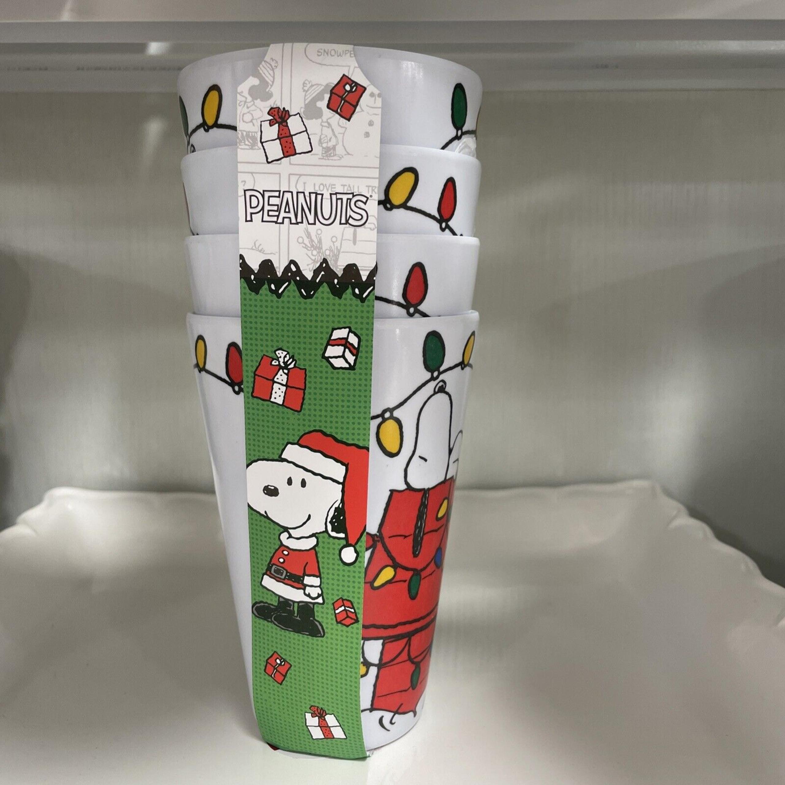 Set 4 CHRISTMAS LIGHTS 5” x 3.5” Melamine Cups Tumblers Charlie Brown Snoopy NEW
