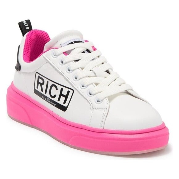 John Richmond Womens White Pink Leather Low Top Lace Up Sneakers Sz 8 NEW