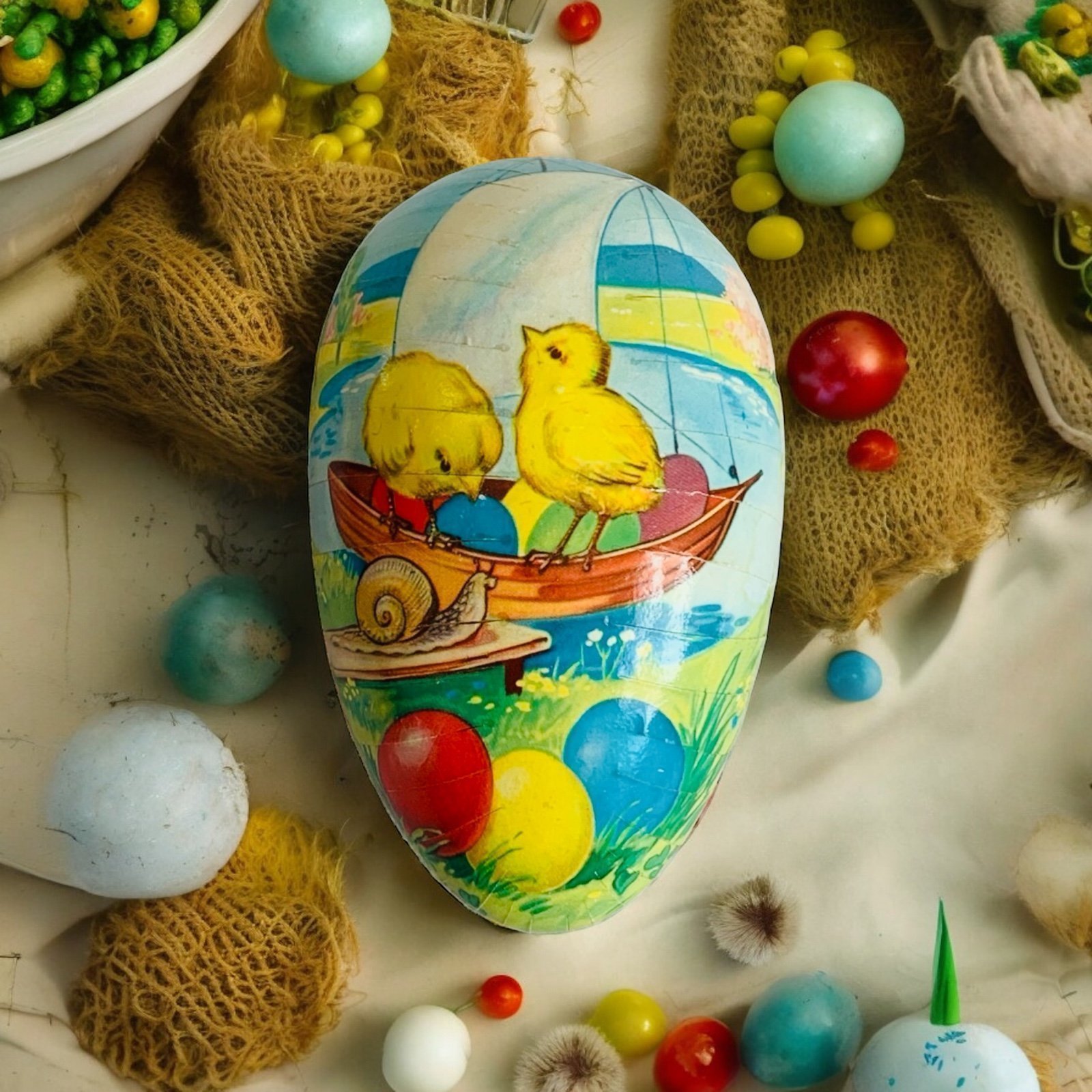 Vintage Large Multicolored Paper Mache Easter Egg Candy Container W. Germany Art
