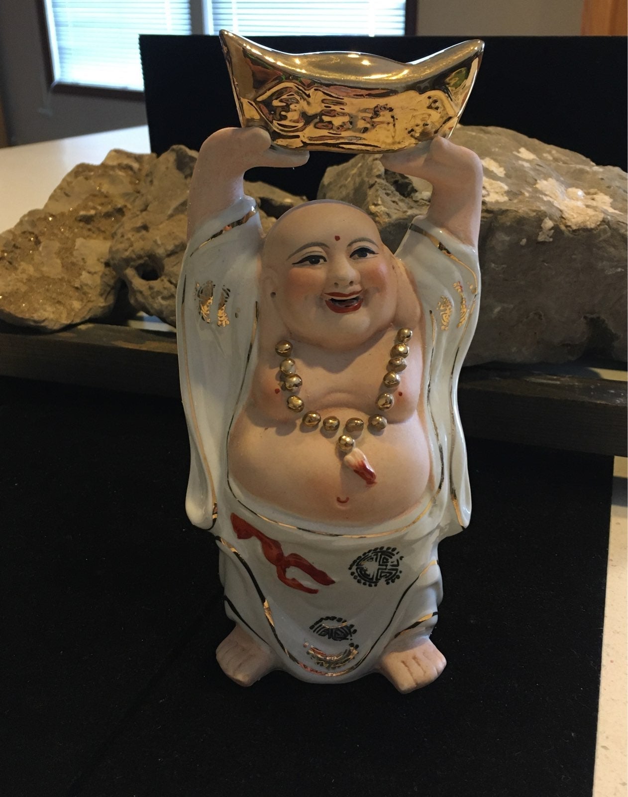 ANTIQUE BISQUE PORCELAIN RARE Buddha Holding Ingot Of Gold Statue GORGEOUS