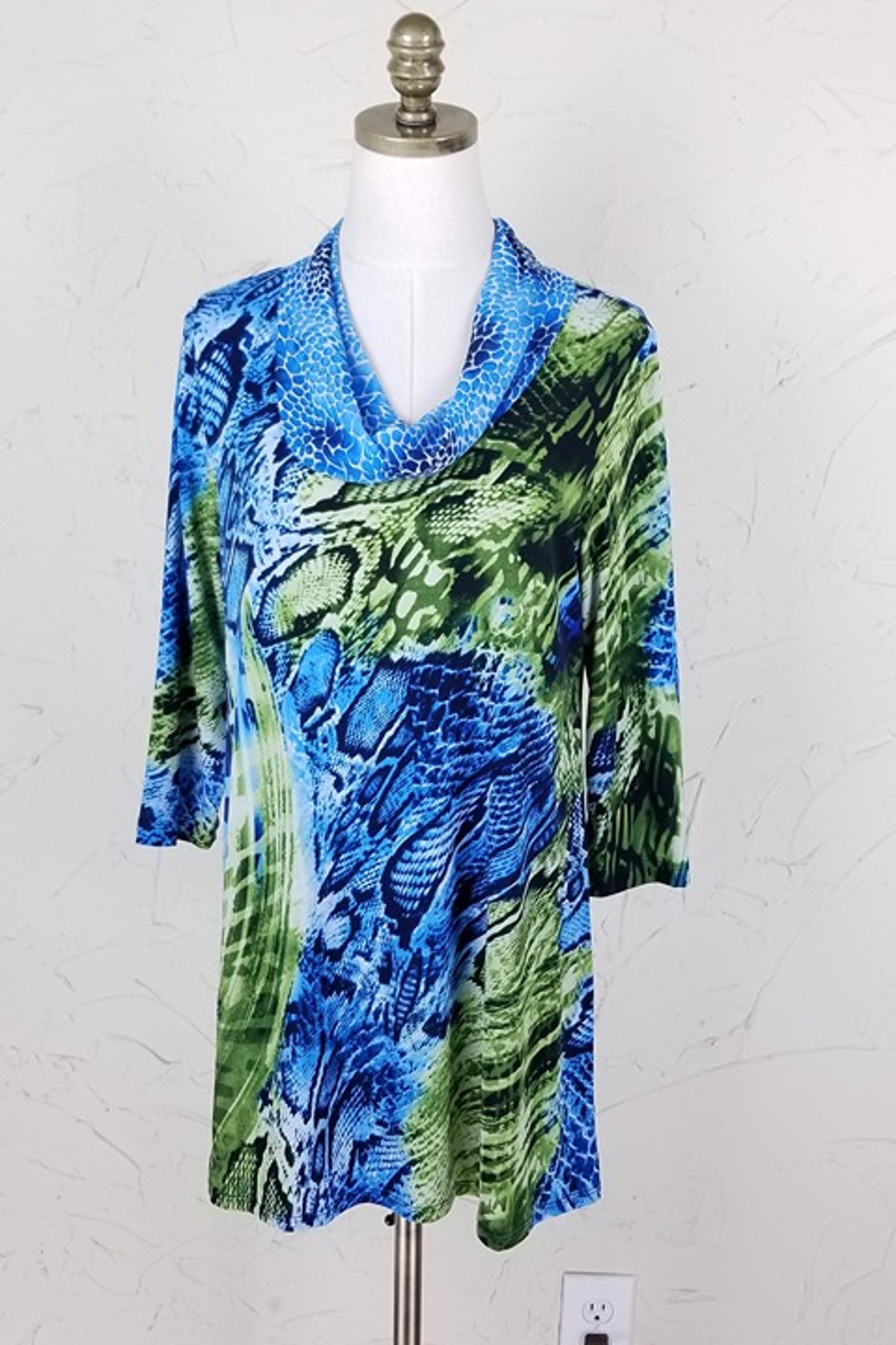 Susan Graver Cowl Neck Tunic Top Size S Blue Green Animal Print 3/4 Sleeve