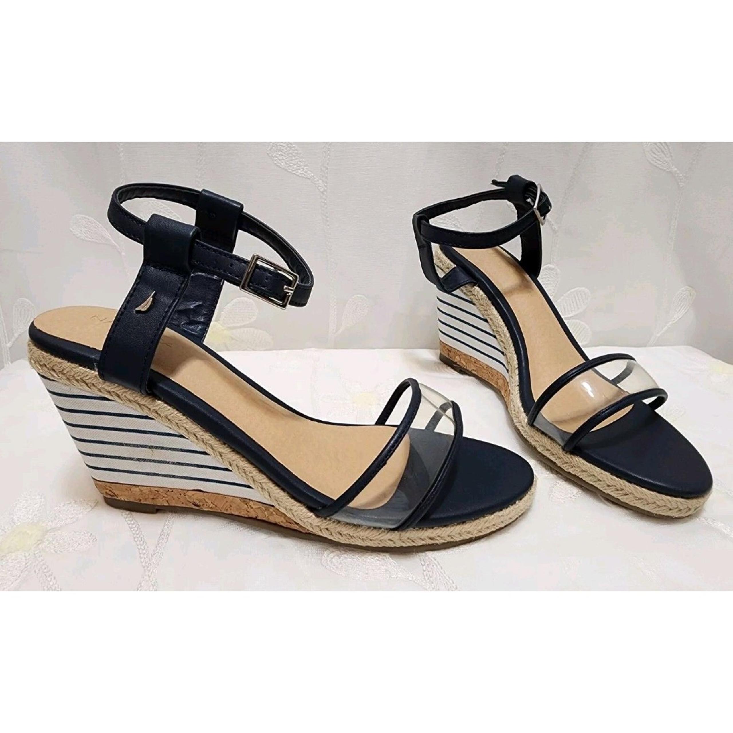 Nautica Women 9 Navy Tan Wedge Sandals Clear Strap Striped Cork Rope Woven Cute