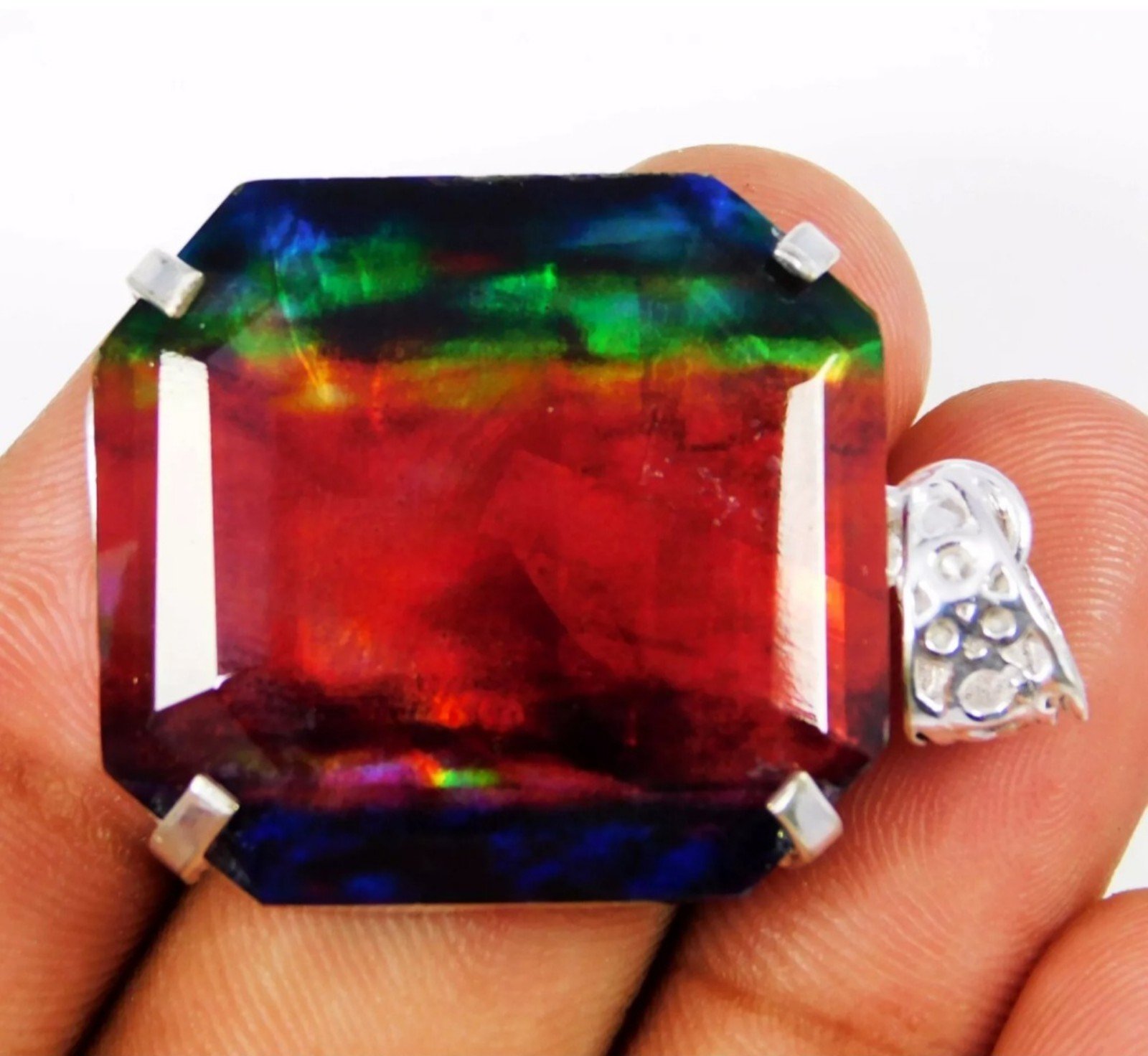 Rare 71.80 Ct Ammolite Like Gemstone Pendant 925 Solid Silver Asscher Cut. Ad