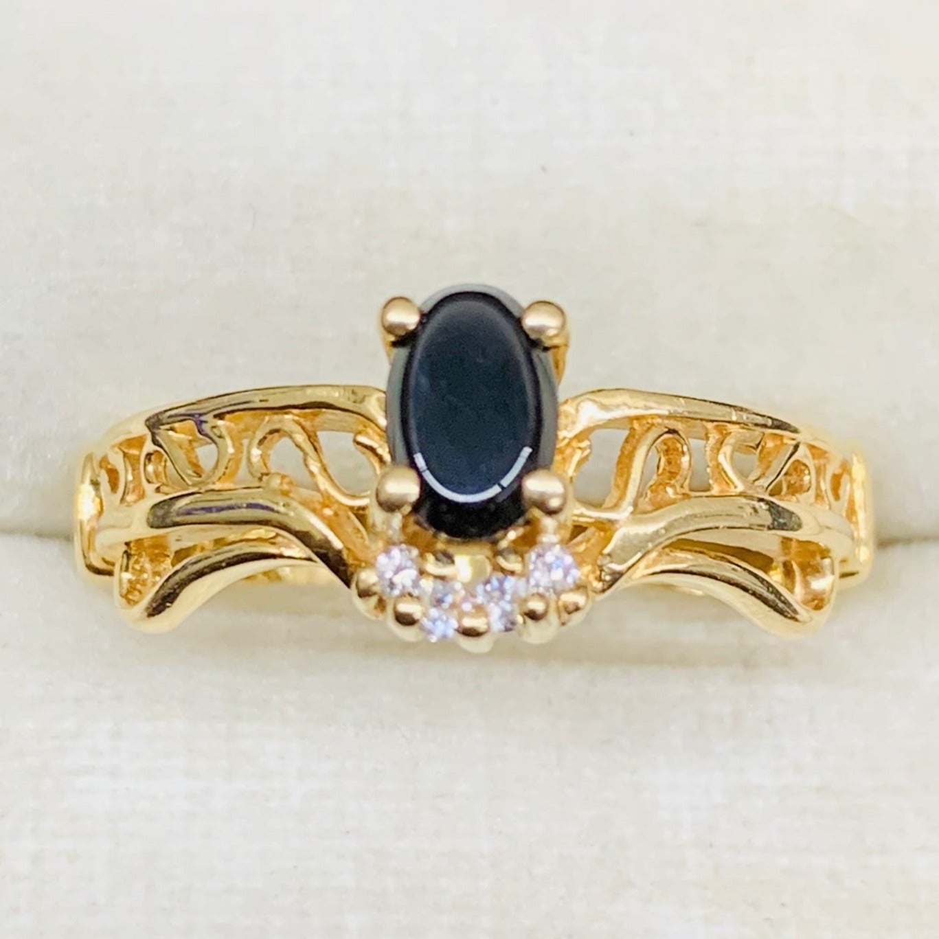 14k Yellow Gold Oval Black Onyx & Diamond Filigree Split Shank Ring Band Size 6