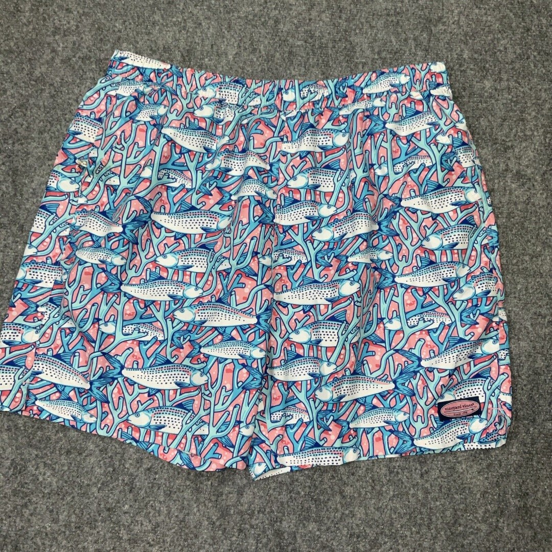 Vineyard Vines Shorts Mens Size XL Blue Pink Fish Swim Trunks Lined Pockets