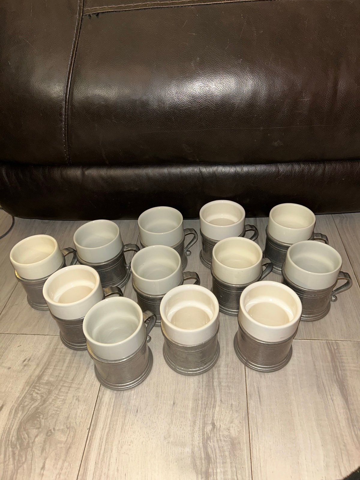 Vintage, unique, rare retro, mid-century Carson Freeport Pewter Mugs With Remova